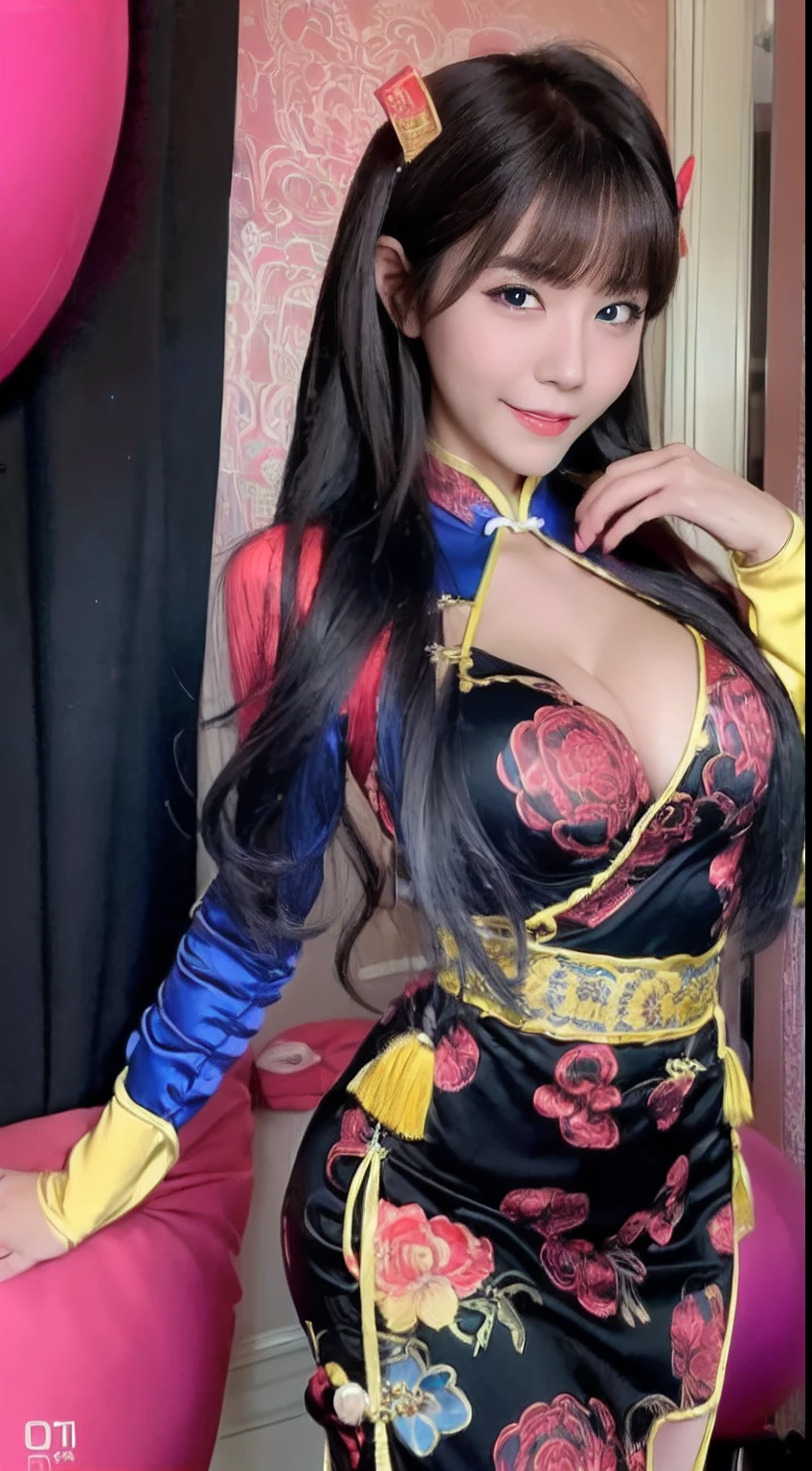 1girl in ,(qipao dress),Colossal tits, cleavage,(( Character Play)),((crossroads)) ,(The description of Blue eyes App), (Red Lip), ( Long Black Hair),Smiling, ((looking to camera)), High resolution,Highly detailed, Random Posing, looking to camera,multiple views