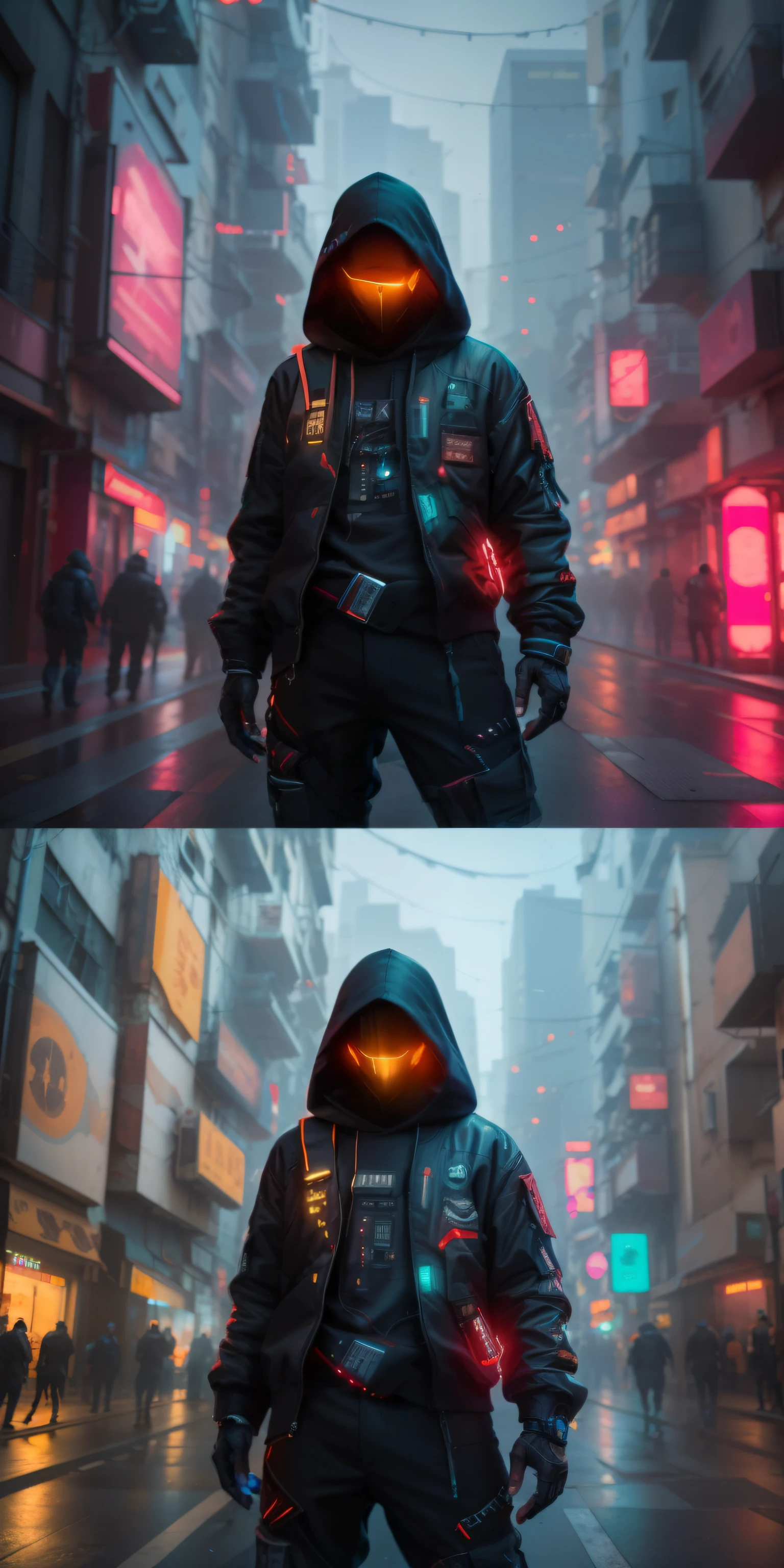 (obra-prima, foto de corpo inteiro, fotografia crua intrincada, com um estudou de computador, e luzes em led) Cyberpunk Citizen, Comfortable Oversize Black Hood, black cargo pants, roupas pretas, escuro, usando um capacete preto estilo hitech Astronauta, intrincado, futurista, advanced technology, ambiente escuro, dramatic, luz e sombra, cinemactic, action film, nitidez, random relaxed position, Cyberpunk City, luzes de rua, rua escura, noite, Insta foto, foto do ano, octano render, substance, Maya 3D, cinema4D, ArtStation Trending, Devian Art Trend