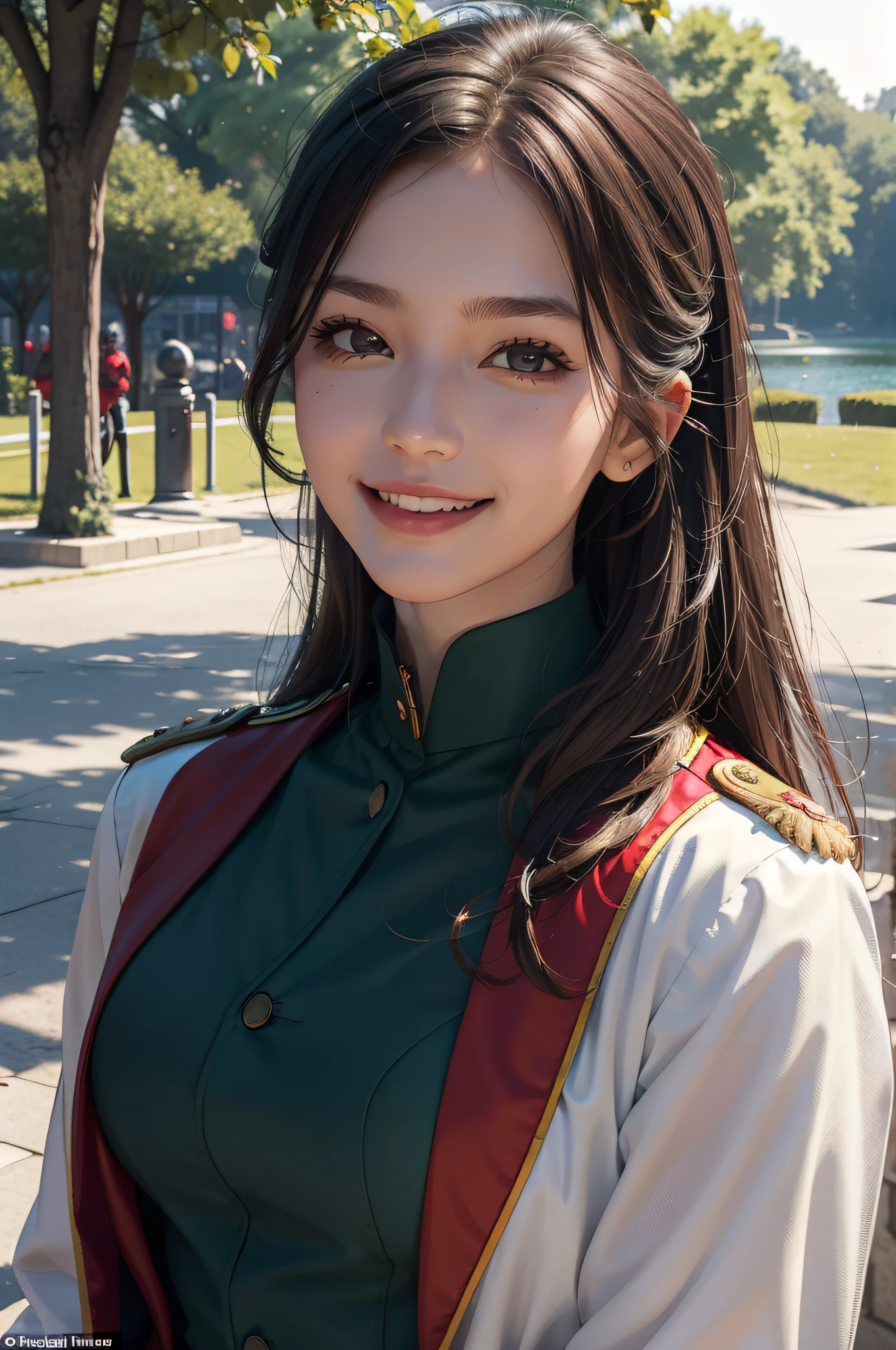 A beautiful girl,A sweet smile,(Face details:1.6),(Red epaulettes:1.6),(Fighting posture:1.3),Wearing a green military uniform,fresh flowers,lakes,parks