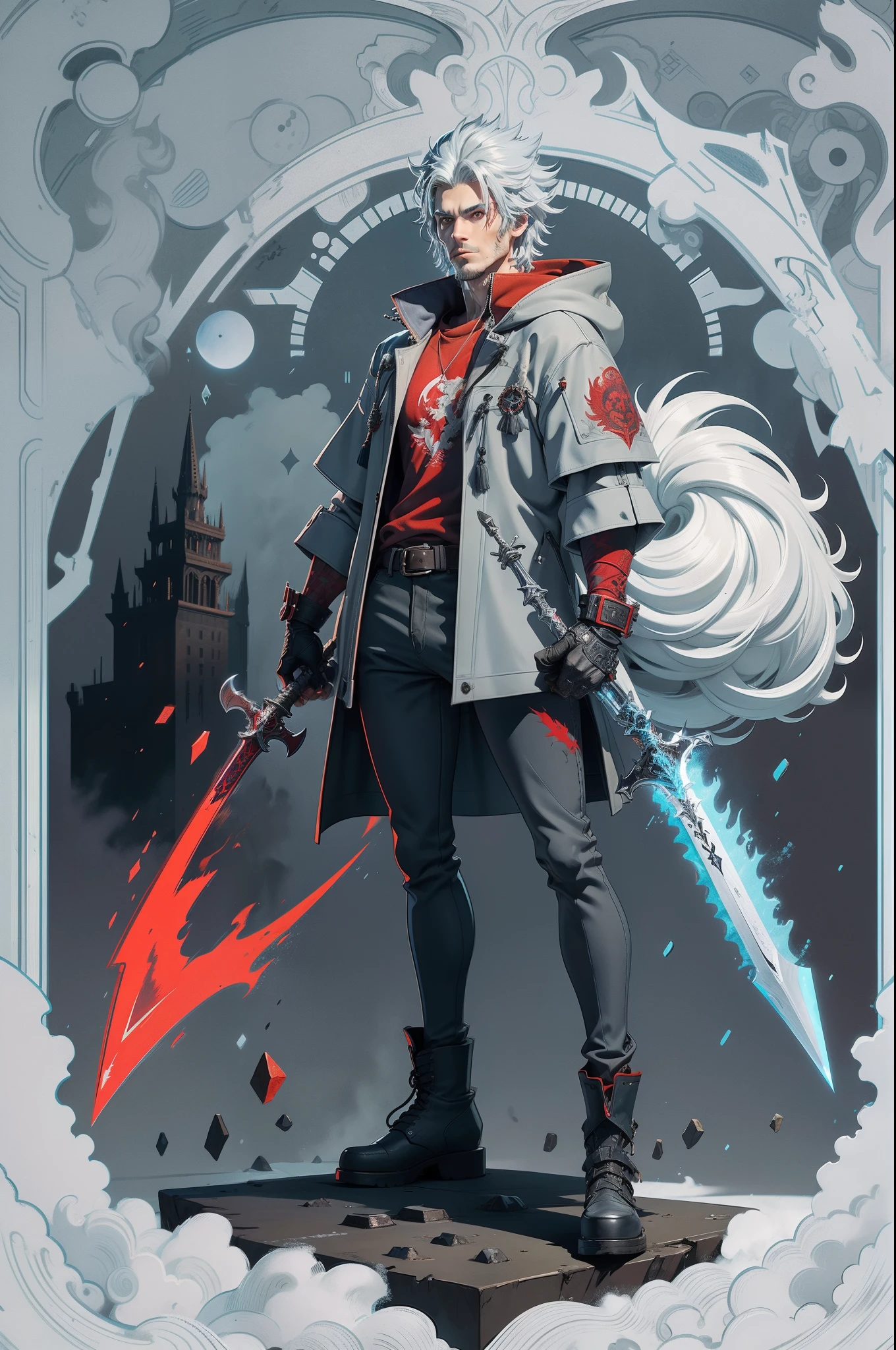 solo person，Shaggy, Furry male wolf, Man's grave, Red Dragon Eye，high and cold，，Handsome，Wear a gray coat，Wear shorts，No shoes，Anthropomorphic cyberpunk-style werewolf character。On the left is a large sharp blue sword，The body of the sword is blue，There is a large red sword on the right，Red pupils，long tail