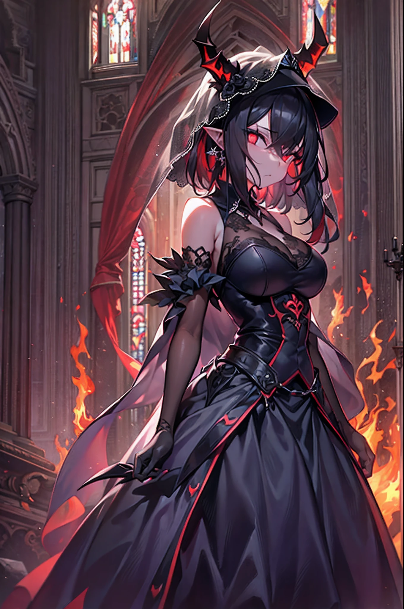 1 girl, demon girl, solo, black hair, short straight hair, gloves, bun updo, side bangs, long horns, ultra detailed red and black eyes, slit_pupils, very large breasts, gothic dress,ultra detailed sleeveless gothic dress, light gothic dress, skirtless gothic dress, gothic cathedral, glowing flames surrounding the girl, inner room of a cathedral, room is on fire, exuding flames from eyes, dim lighting, warm colours, hat with veil, beautiful pose, serious expression