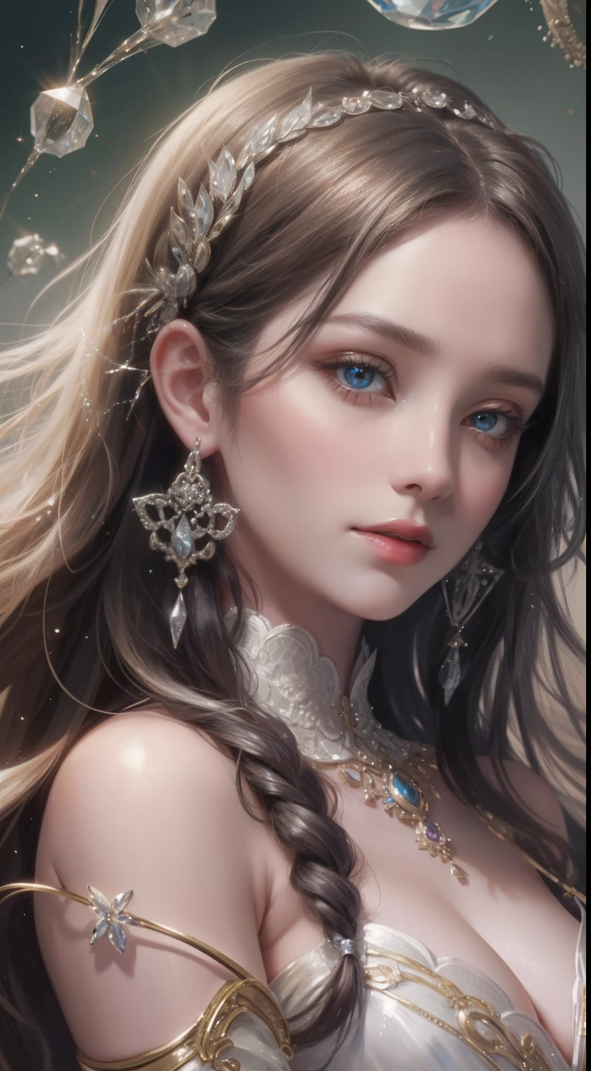 tmasterpiece,Highest high resolution,Bust of a beautiful noble maiden,Delicate braided hair,Coiled hair,Shining clear eyes,The hair is covered with beautiful and delicate floral craftsmanship, crystal、Diamond jewelry filigree,Ultra-detailed details,upscaled,softlighting。