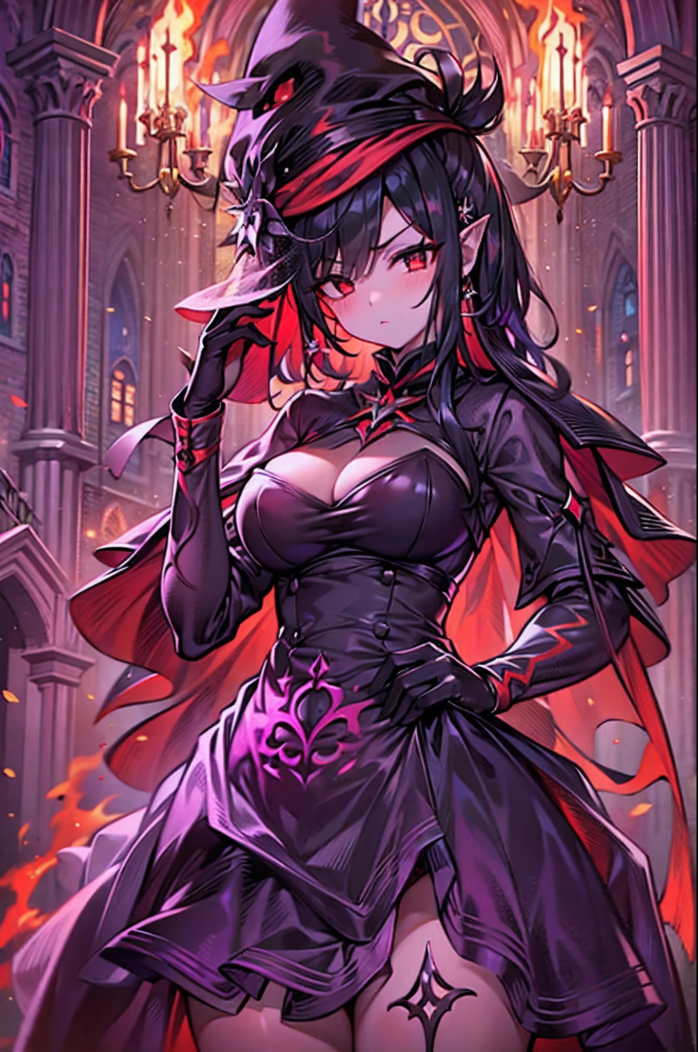 1 girl, demon girl, solo, black hair, short straight hair, gloves, bun updo, side bangs, long horns, ultra detailed red and black eyes, slit_pupils, very large breasts, gothic dress,ultra detailed sleeveless gothic dress, light gothic dress, skirtless gothic dress, gothic cathedral, glowing flames surrounding the girl, inner room of a cathedral, room is on fire, exuding flames from eyes, dim lighting, warm colours, hat with veil, beautiful pose, serious expression