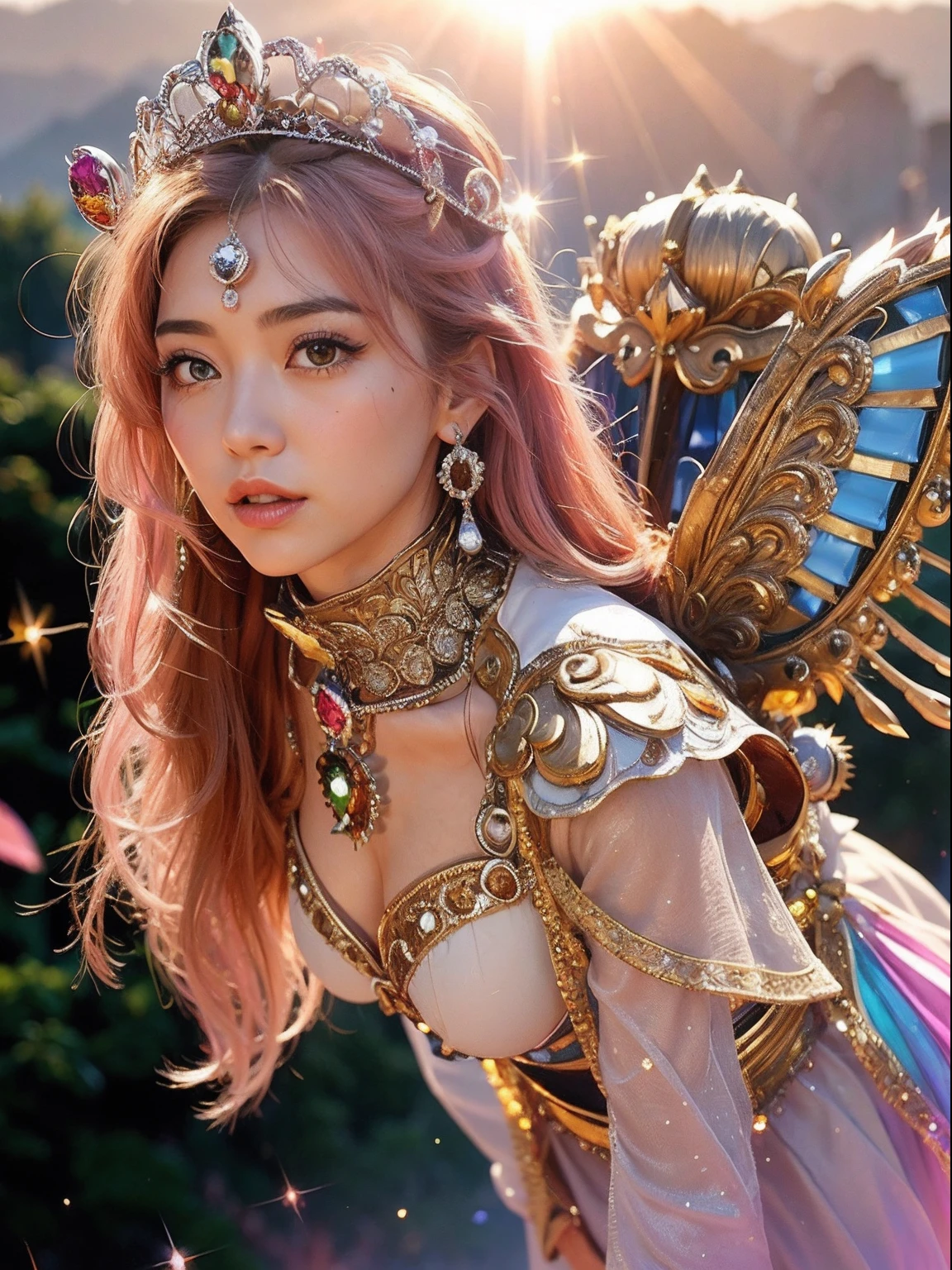 (A smile), Professional , ​masterpiece、top-quality、photos realistic , depth of fields （Gemstone White Metal Body:1.９),(Matte White Pink、Jewel Gold Weapon、（Gorgeous castle background）、（ultimate beauty girl）、（Rainbow fairy wings grow）、Particles of light、（Metal body of iridescent gemstones:1.９),Gorgeous Jewel Metal Weapons ,（maikurobikini）、 Detailed Sword of the Brave ,（ Pink hair）   ,warhammer 40k , adepta sororitas,Detail and ornate jewel crown、独奏、Brown hair、Mystical expression、cleavage of the breast、（Gangle's forest background）、Beautiful Caucasian beauty、１a person、dynamic ungle,(((Diamond tiara with detail and luxury)))、a small face、Powerful poses、（Gorgeous castle background）、huge filesize、20 year old beautiful woman、Stand in the center of the screen、Thin female fingers、Straight long hair、Beautiful Caucasian beauty、（maikurobikini）、Hair fluttering in the wind、Look at viewers、（Armpit）、Toostock、