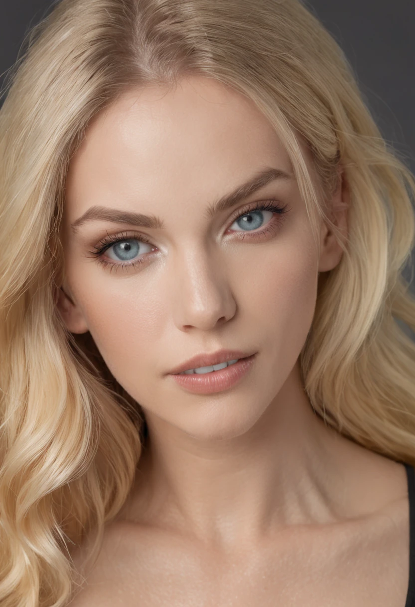 Make a realistic image of a yellow-haired woman with blue eyes in panties and black bra, Bonito, com 30 anos de idade, low water, batom vermelho, olhos com delineador, corpo bonito, em um quarto, de corpo inteiro, de salto alto preto.