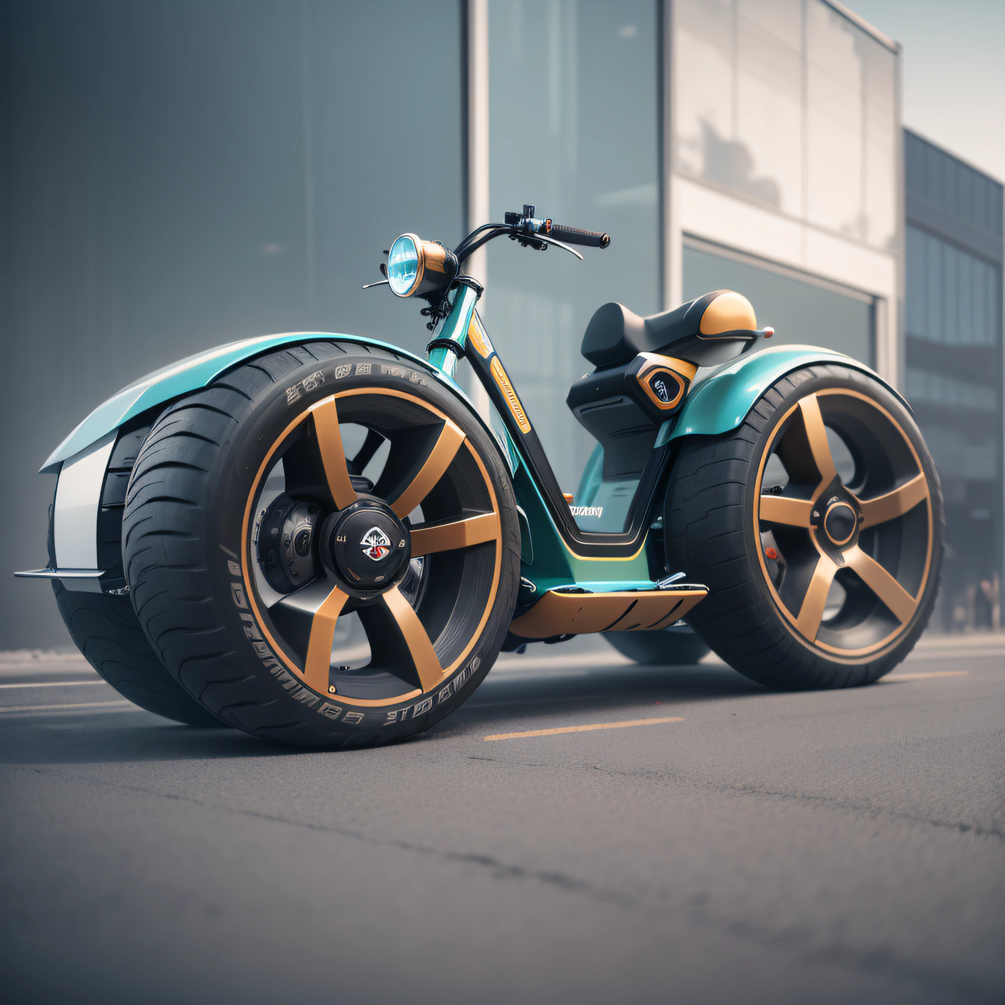 Inverted electric tricycle of the future - two tires in front and one in the back. The design should evoke a sense of modernity, Innovation and sophistication.