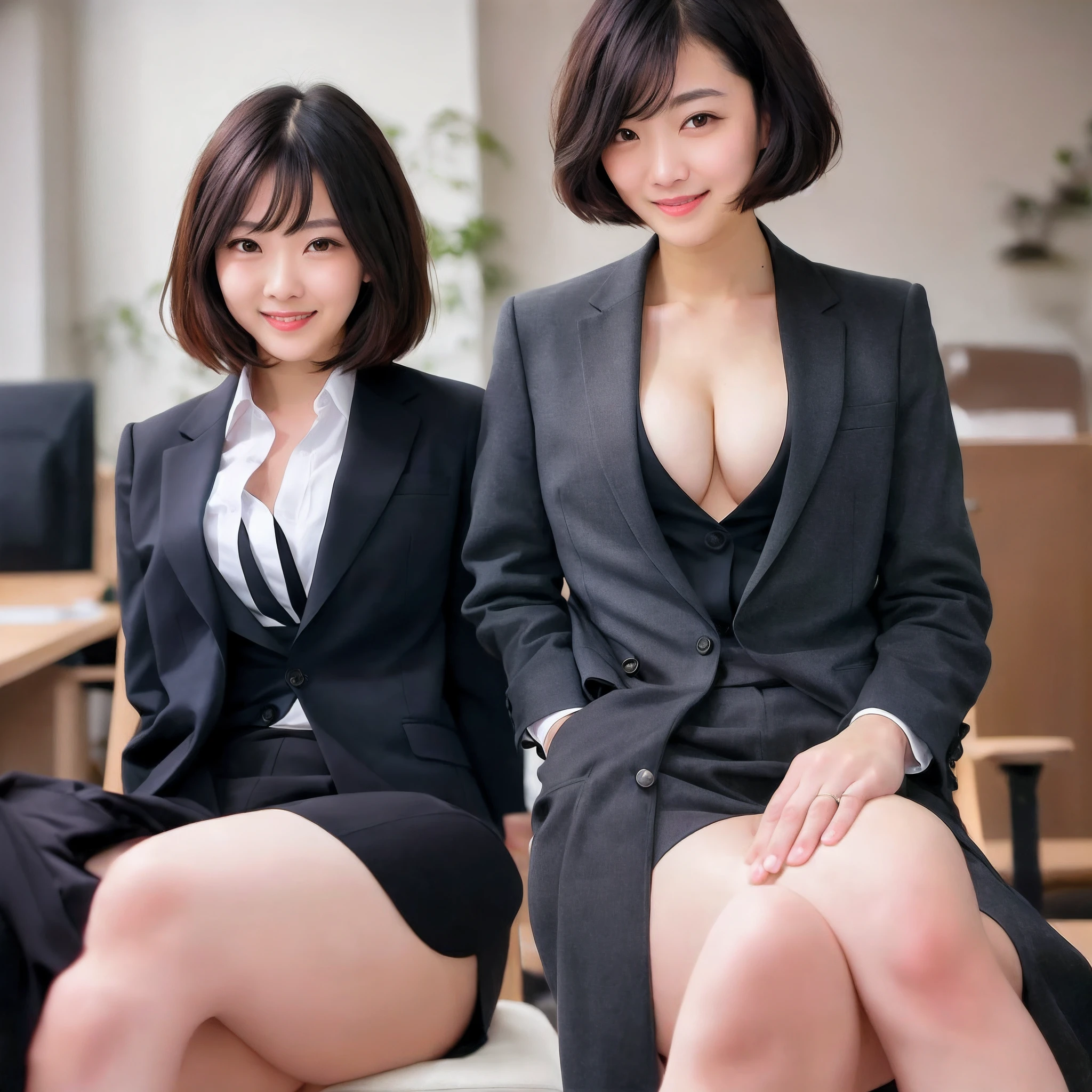 Bob Hair、A dark-haired、delicated face、Kamimei、A smile、爆乳、エロ、A sexy、OL、I'm wearing a suit and stockings、Sitting on a chair and crossing legs、Inside the company in the background、An ultra-high picture quality、ultra-quality、Stereoscopic photography