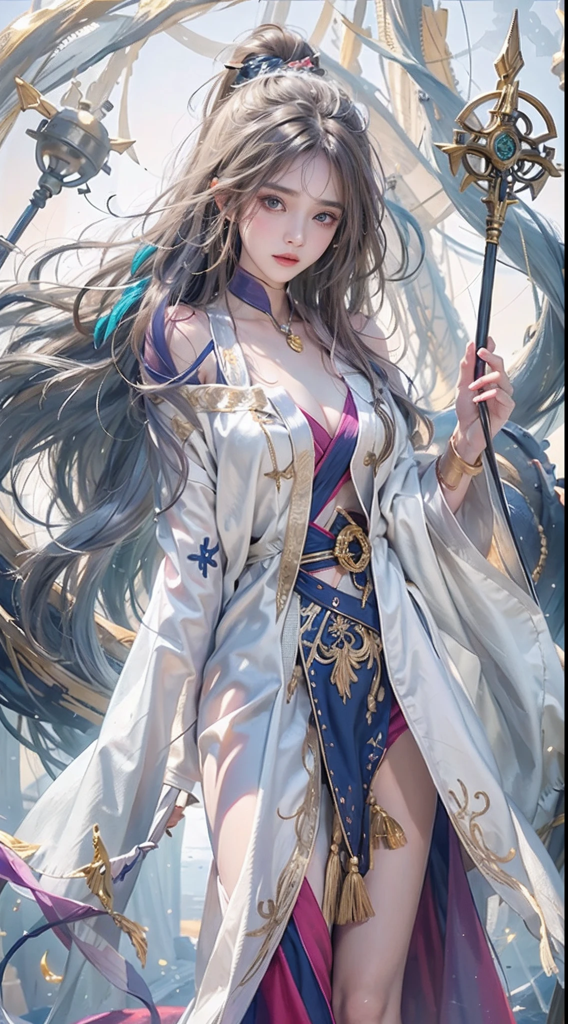 The perfect human structure、Blowing in the wind、long whitr hair、abyss eyes、glowy skin、oiled、small tits、Wizard robes、Tattered fabric、Realistic coat、Think、Super delicate CG Unity 32k wallpaper、tmasterpiece, ((ultra - detailed)), ((illustratio)),Extremely colorful,the wallpaper,energy,Unknown terror,mind bending,Around the magic,Magical environment,wands,Boken,Flight page,Know it all,Predicting the future、Learn about the past、Infinite wisdom、Blue Flame、Warlock、Magic Circles、pentacle、Spells、mantra、Singing magic,Holy light、Pure、There are also elastic messages, Overcoming and hope. breasts are small,B size、slenderness、The chest is open、The eyes are twofold(A detailed eye), beautiful with detail、Hair that flutters in the wind、Maroon gradient hair color、The hair is silvery graded、high-heels、Gold-tone anklet、Large dial background、Beautiful girl walking on large dial。