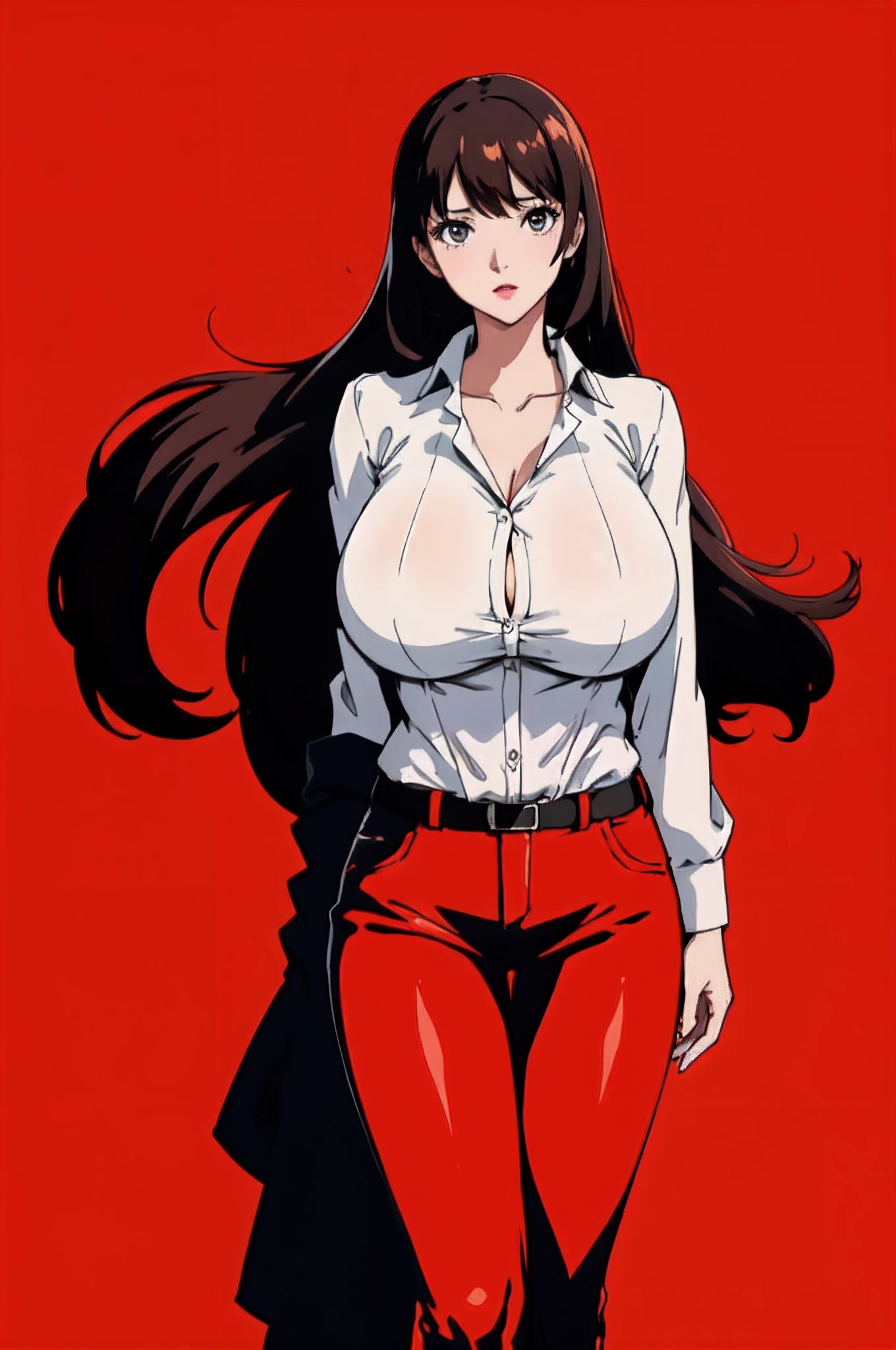 (masterpiece, best quality), 1girl, gigantic_breasts, white shirt, red background