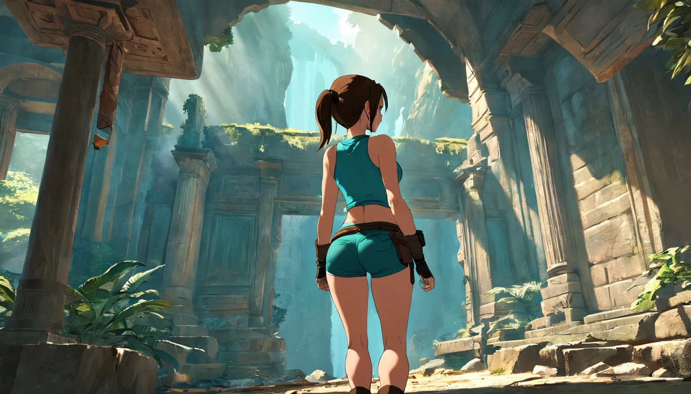 hdr, lara croft, ponytail, from_behind, ass_focus, standing, leaning, looking seriouswearing teal tanktop, brown shorts, holster, belt, boots,
indoors, temple, old ruins, jungle, trees, blue sky, sunny,  beautiful ambiance, extremely detailed, big natural breasts, underbutt crease, sexy