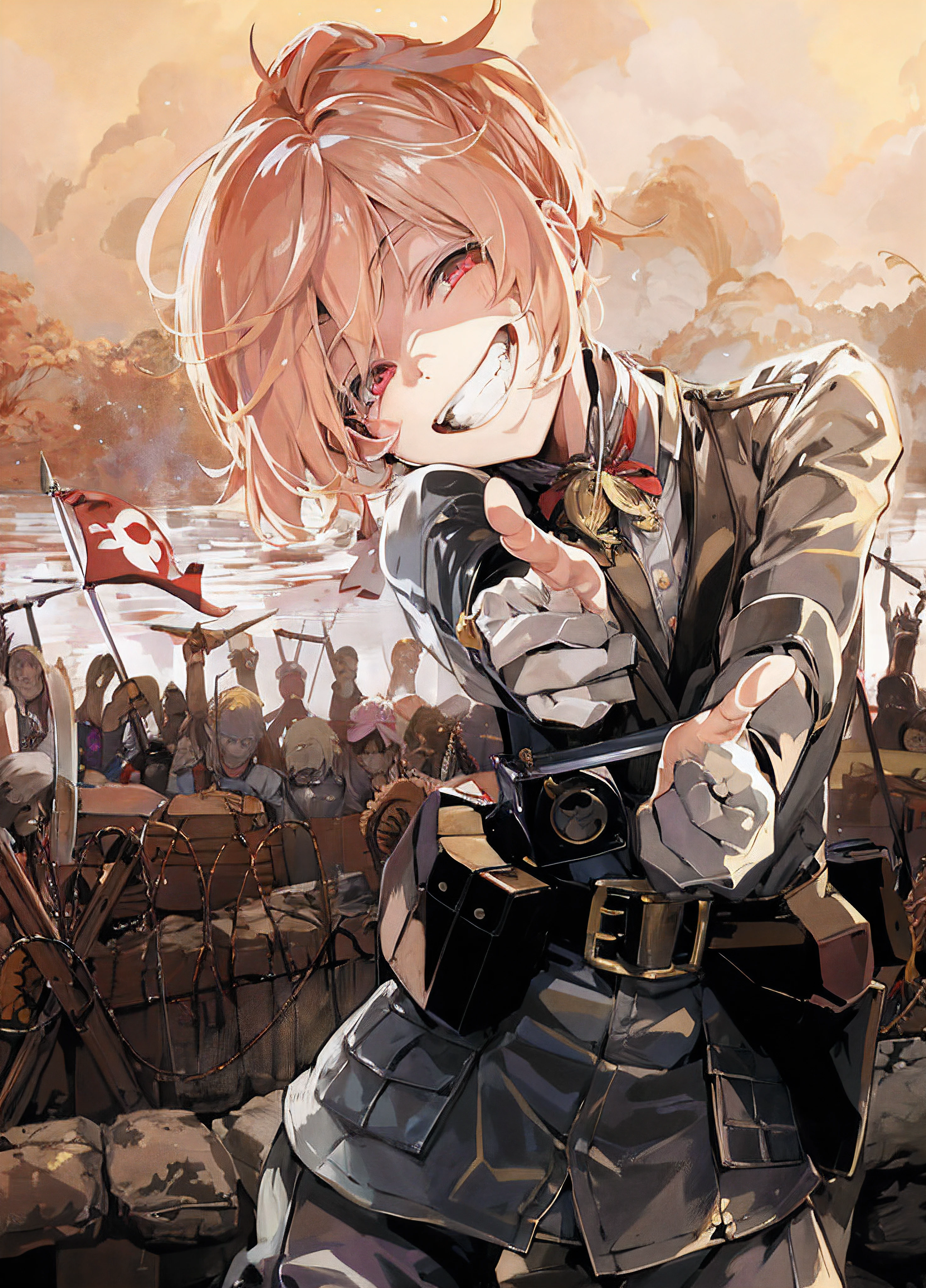 anime image of a man with a sword pointing at the camera, fujita goro!, pixiv contest winner, happy!!!, zerochan, shigenori soejima illustration, wallpaper!, zerochan art, [[[[grinning evily]]]], official art, smiling at the viewer, wide grin, insane smile, smiling coy