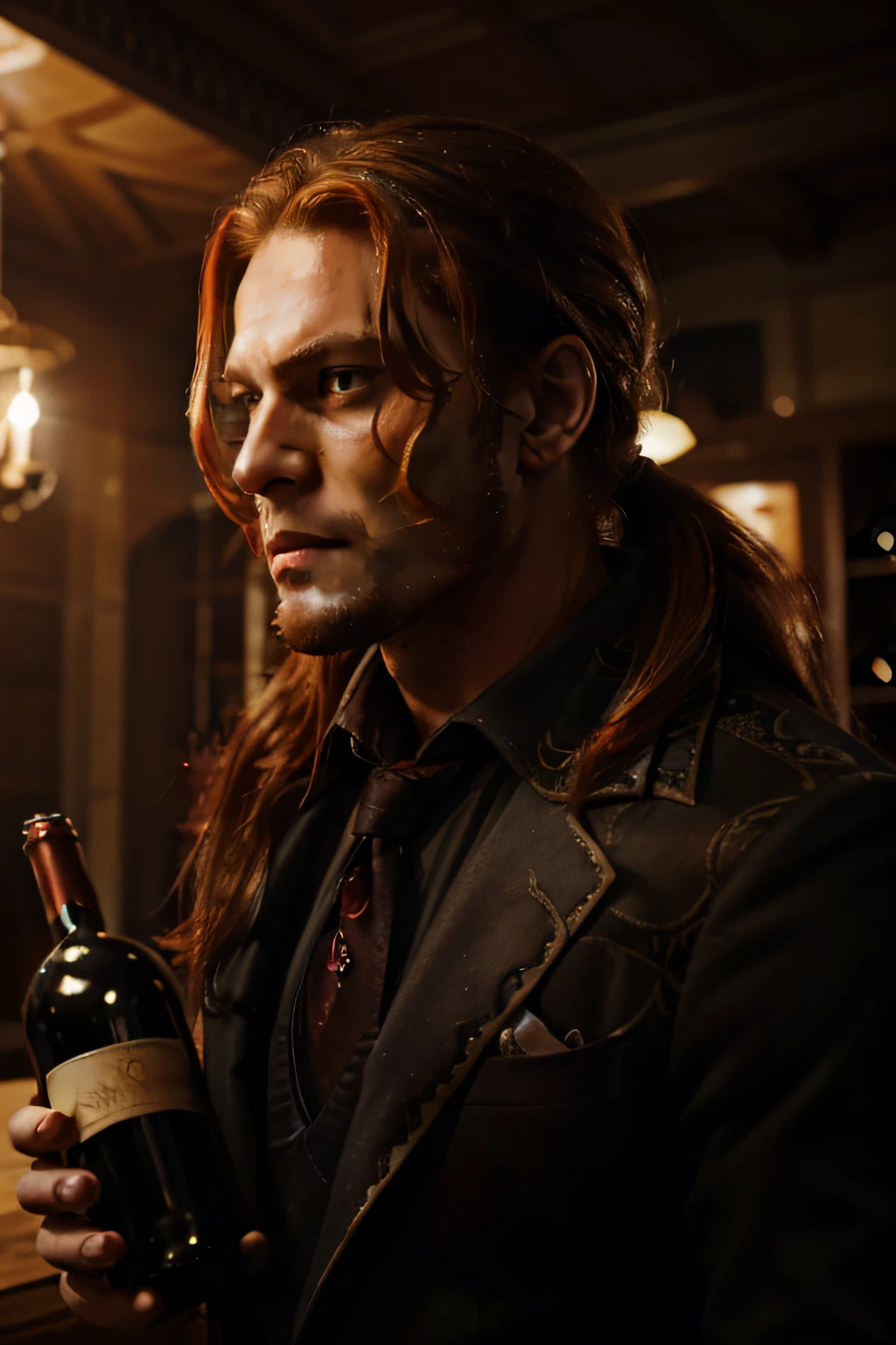 Handsome strong guy with long fiery hair pulled back in a ponytail, red pupils, macabre, in a rich house, A bottle of expensive wine in his hand