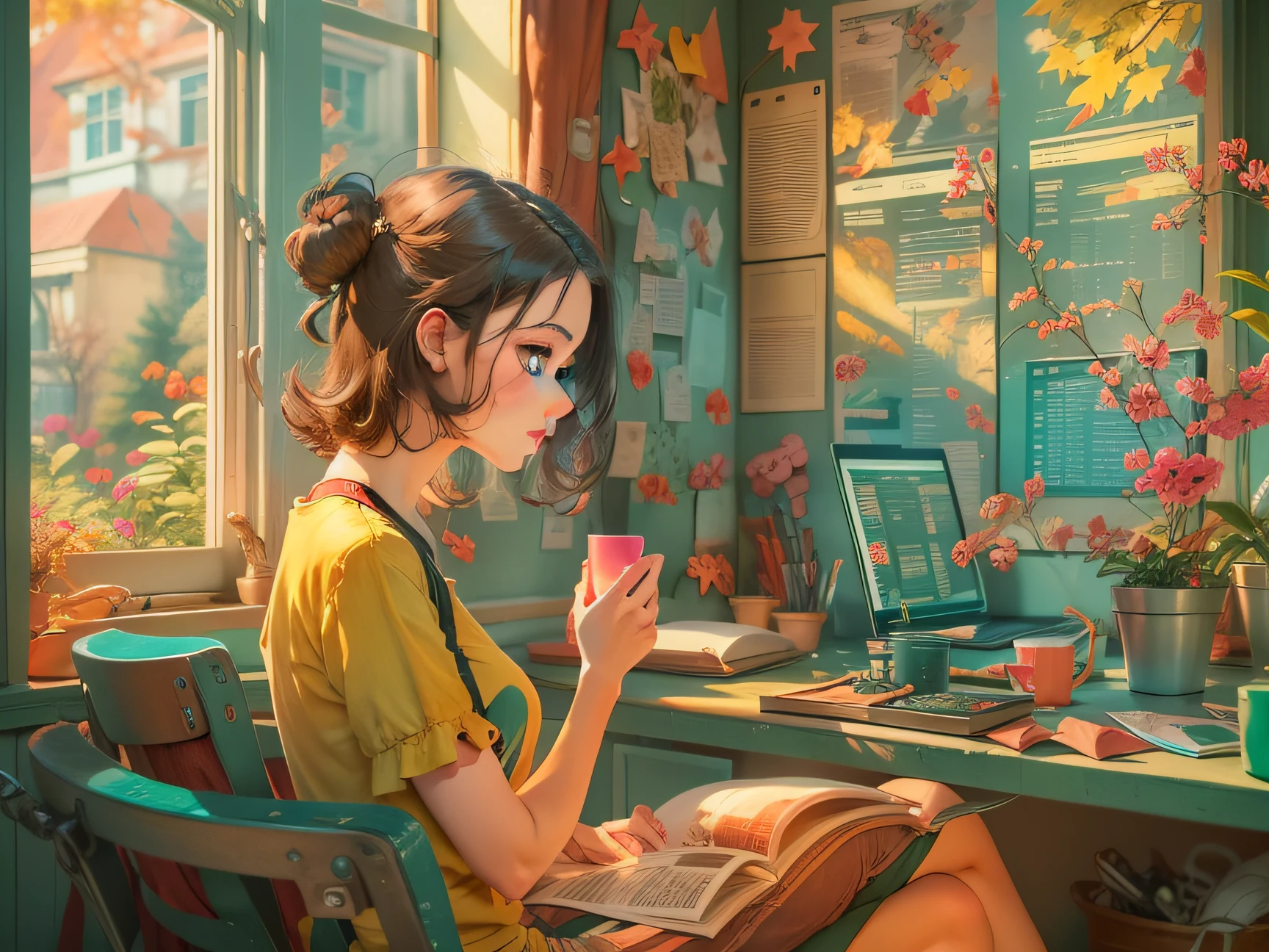 Girl sitting by window and typing, View a computer screen showing financial transactions, 2D Styles, Art deco, masutepiece, bright colour