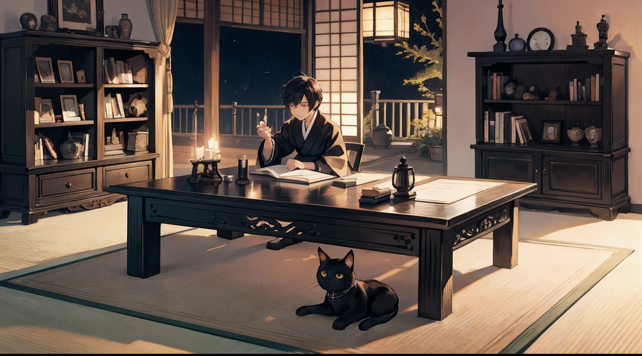 Masterpiece,Award-winning works,
(intricate-detail、ultra-detailliert:1.2),
#night sky (darkness of night,no light),
#one writing boy (16 male、Honor Students、A dark-haired、short-hair、hakama,sit flat),
#black room at night (no light,black cat,wooden low table,one candle,pretty tatami,a lot of books,bookshelf)