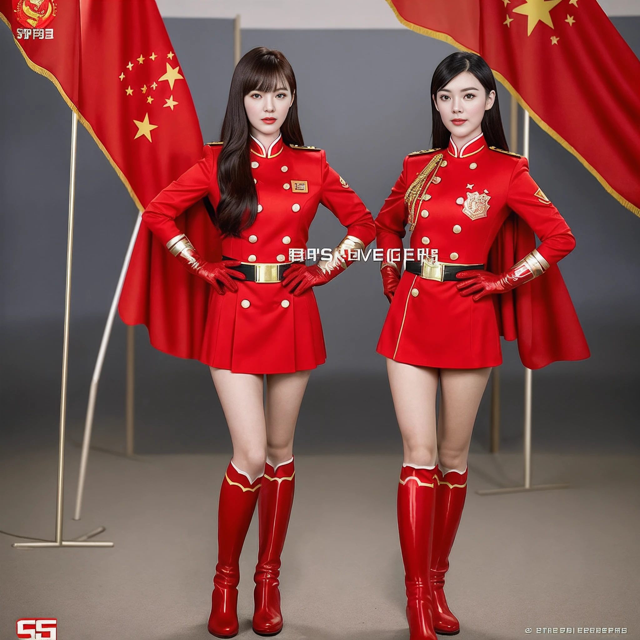 High-end CG screen:Superhero five-star red flag girl wearing exquisite Chinese five-star flag logo uniform，Wear red gloves on both hands+Wear red boots on your feet+National flag，The whole body exudes the superpowers of a five-star red flag girl，，，soio，Full body shooting CG superpowers