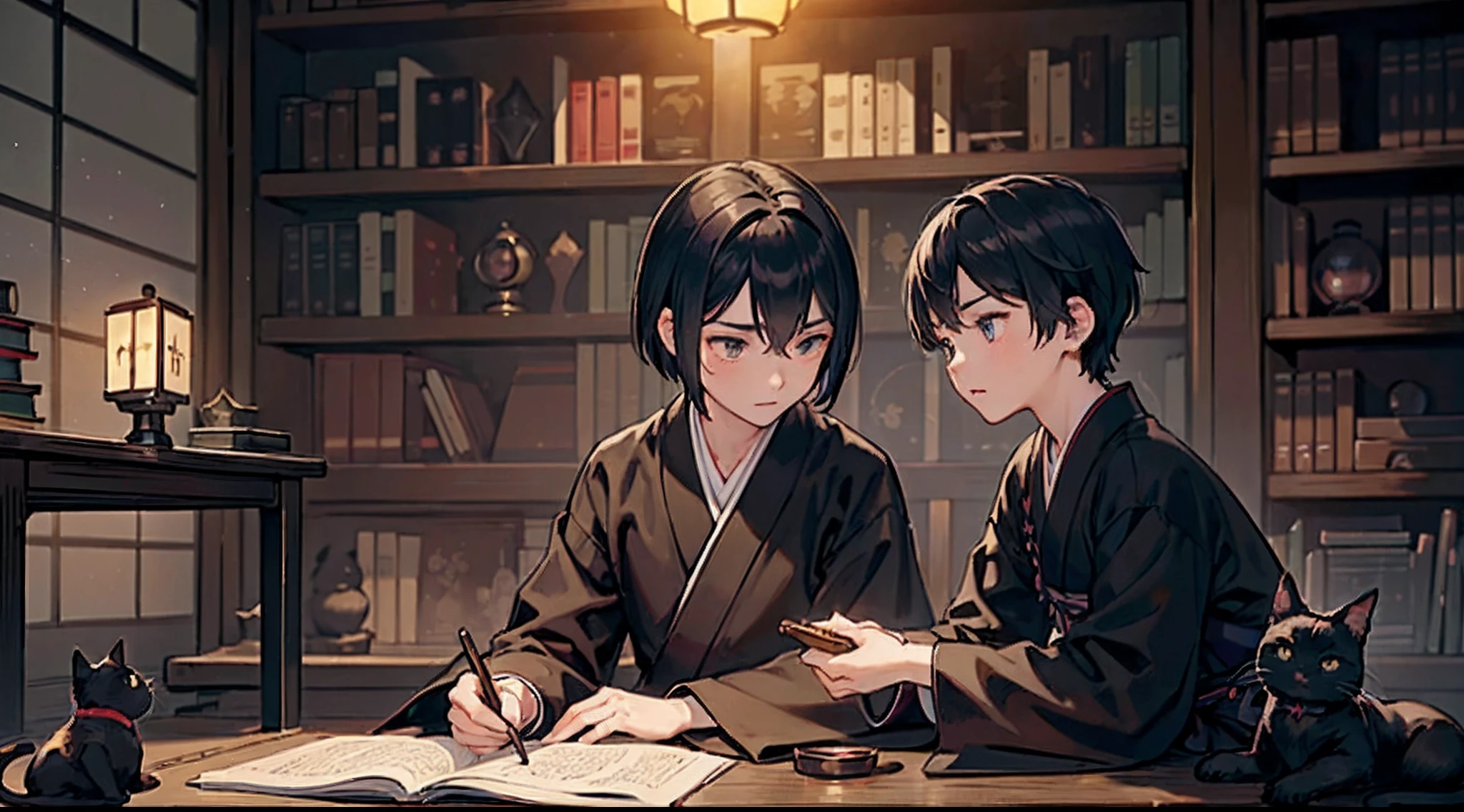 (intricate-detail、ultra-detailliert:1.2),
#night sky (darkness of night,no light),
#one writing boy (16 male、Honor Students、A dark-haired、short-hair、hakama,sit flat),
#black room at night (no light,black cat,wooden low table,one candle,pretty tatami,a lot of books,bookshelf)
