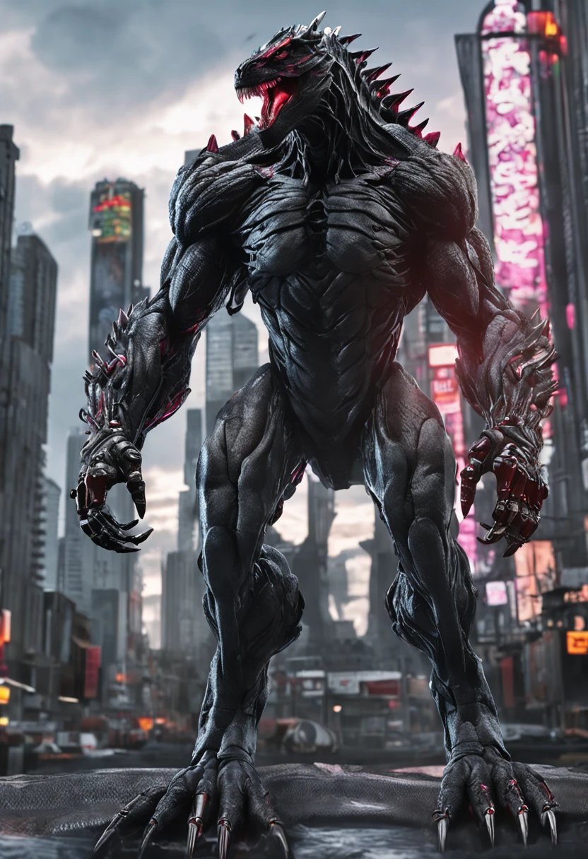 mecha girl, The Venom symbiote covers the entire body of the legendary Godzilla,Evil expression,Hideous-looking,Muscular,The tail is thick,ultra-realistic realism, 8K, super detailing,absurdres, highres, (close view:1.4), upper body, side view, 1girl, long hair, shining hair, complex hair, colorful hair, shining eyes, complex dress, fractal art, complex background, (flashy background:1.3), (colorful background:1.2), flashy effects, (flower effects:1.2), dna affects, white effects, (Pale color scheme:1.2),crutch,Metallic,crystal,tottoo