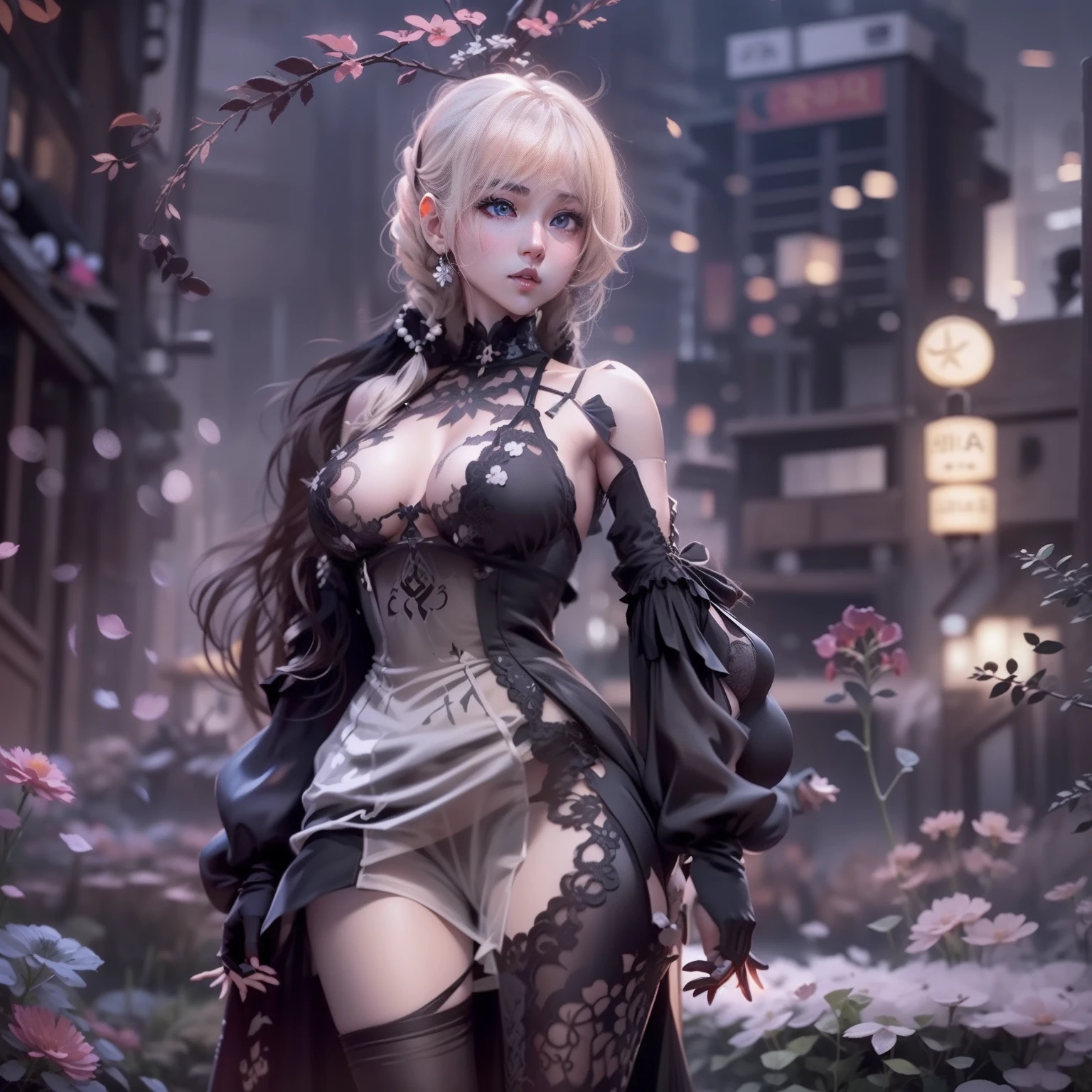 2b NIER automata, ((Yolha 2 Type B unit)), In a cyberpunk city, Japanese architectural style, Transparent fabric, )), ((eBlue eyes)), (((Deep neckline slip dress))), 1 girl, (Large of breast:1.27), huge areolas ,(((Areola Slip))),((The areola is swollen)),((Side Chest)),(((coll))), Yolha girls, Beautiful woman, beautiful  woman, bautiful young woman, 2b NIER automata, ((Yolha 2 Type B unit)) long hair girl, Cute young face, Female idol image, messy hair style,, ulzzangs, Urzang-6500-V1 version.1, PureErosFace_V1, Popular Korean makeup, Korean folk makeup, with long hair in takes, (8K, photo RAW, Best quality, tmasterpiece: 1.45), (NSFW:1.35)