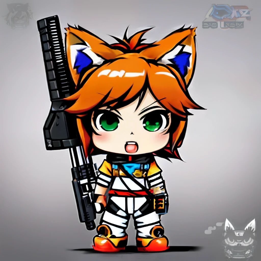 Cartoon character of a girl with a gun and cat ears, fox from league of legends chibi, Advanced Digital Chibi Art, foxgirl, katana zero video game character, Fox MacLeod, fox nobushi, maple story gun girl, Chibi Art, 8 0 s anime art style, video game characters designs, cute fumo plush fox girl