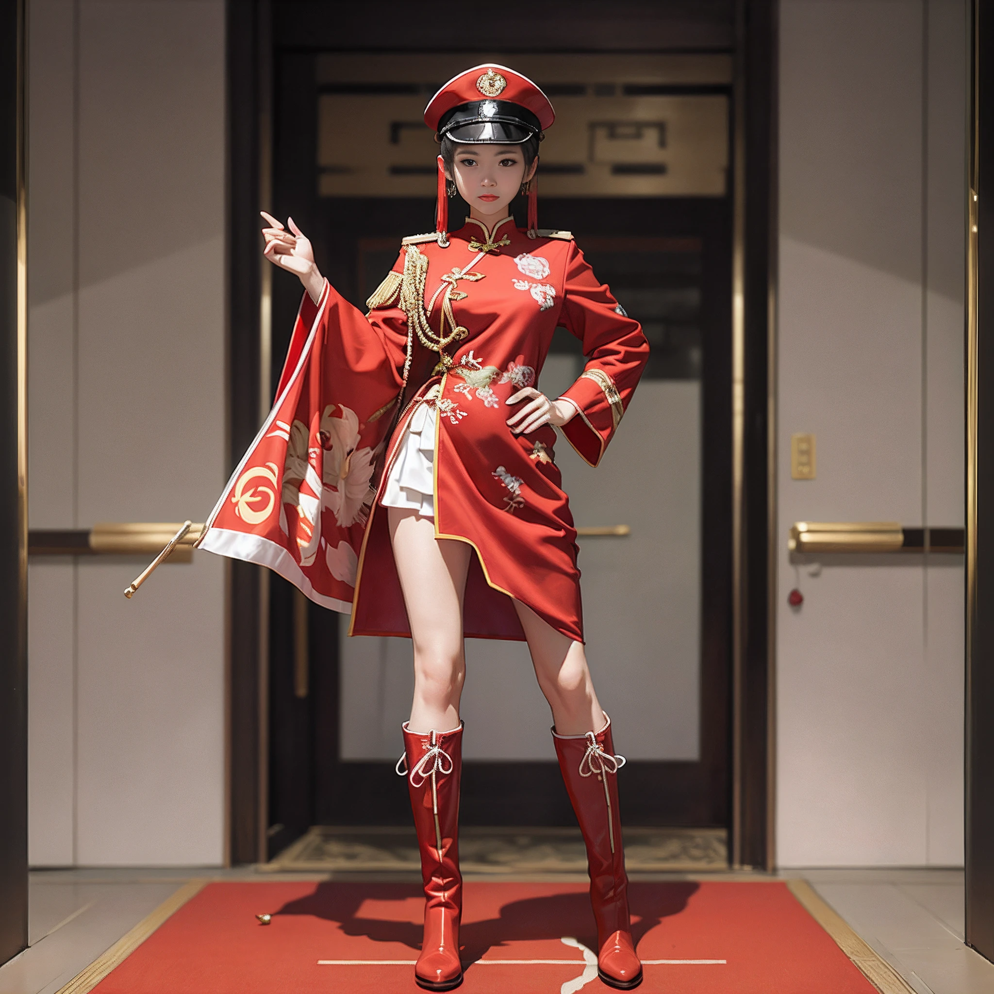 Wearing a delicate Chinese five-star flag uniform+Wear Chinese five-star red boots on both feet+National flag，Five-star flag girl standing all over her body shot