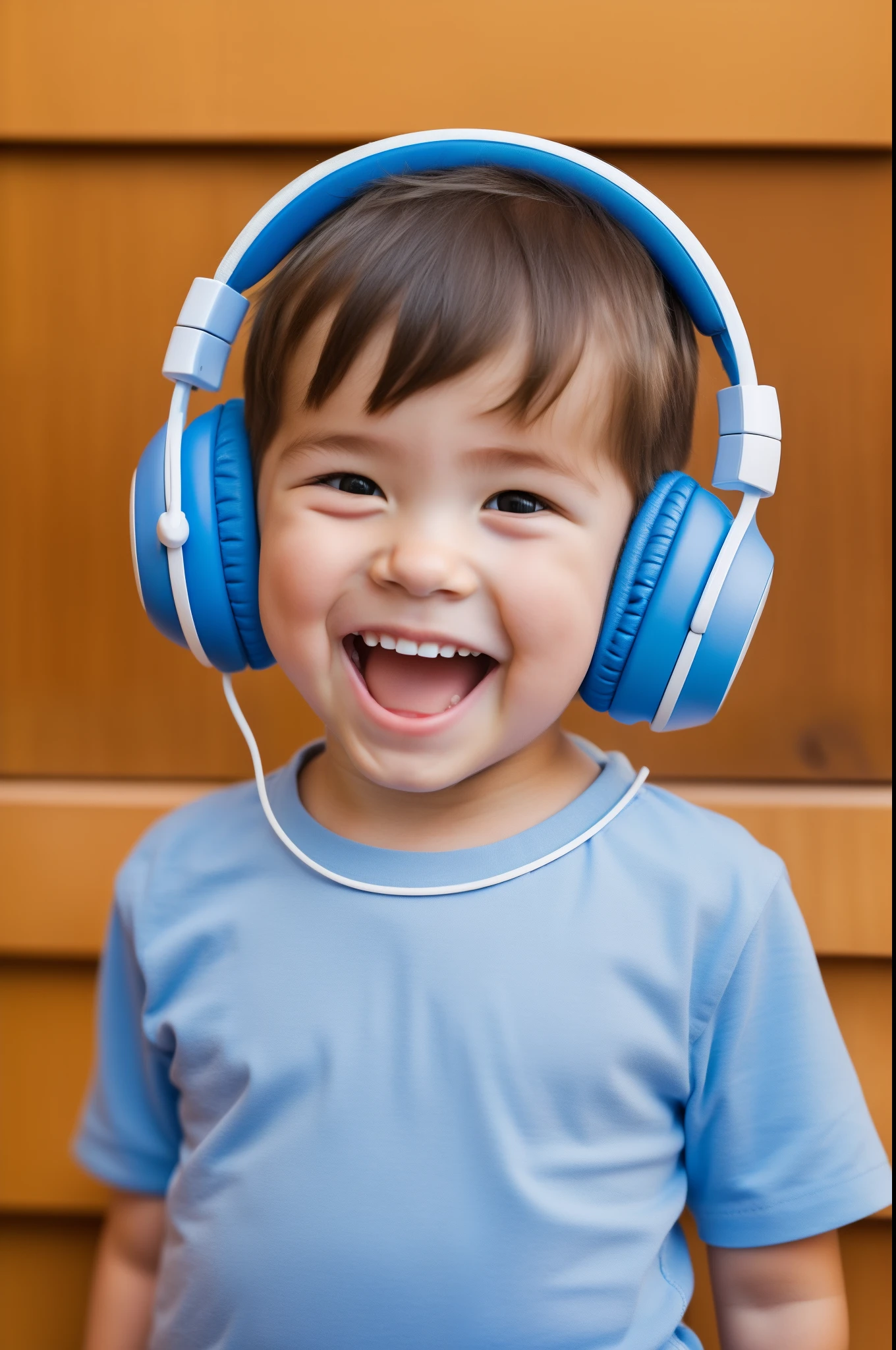 Foreigners wearing headphones Male study open open mouth Laughing cute little bule a blond