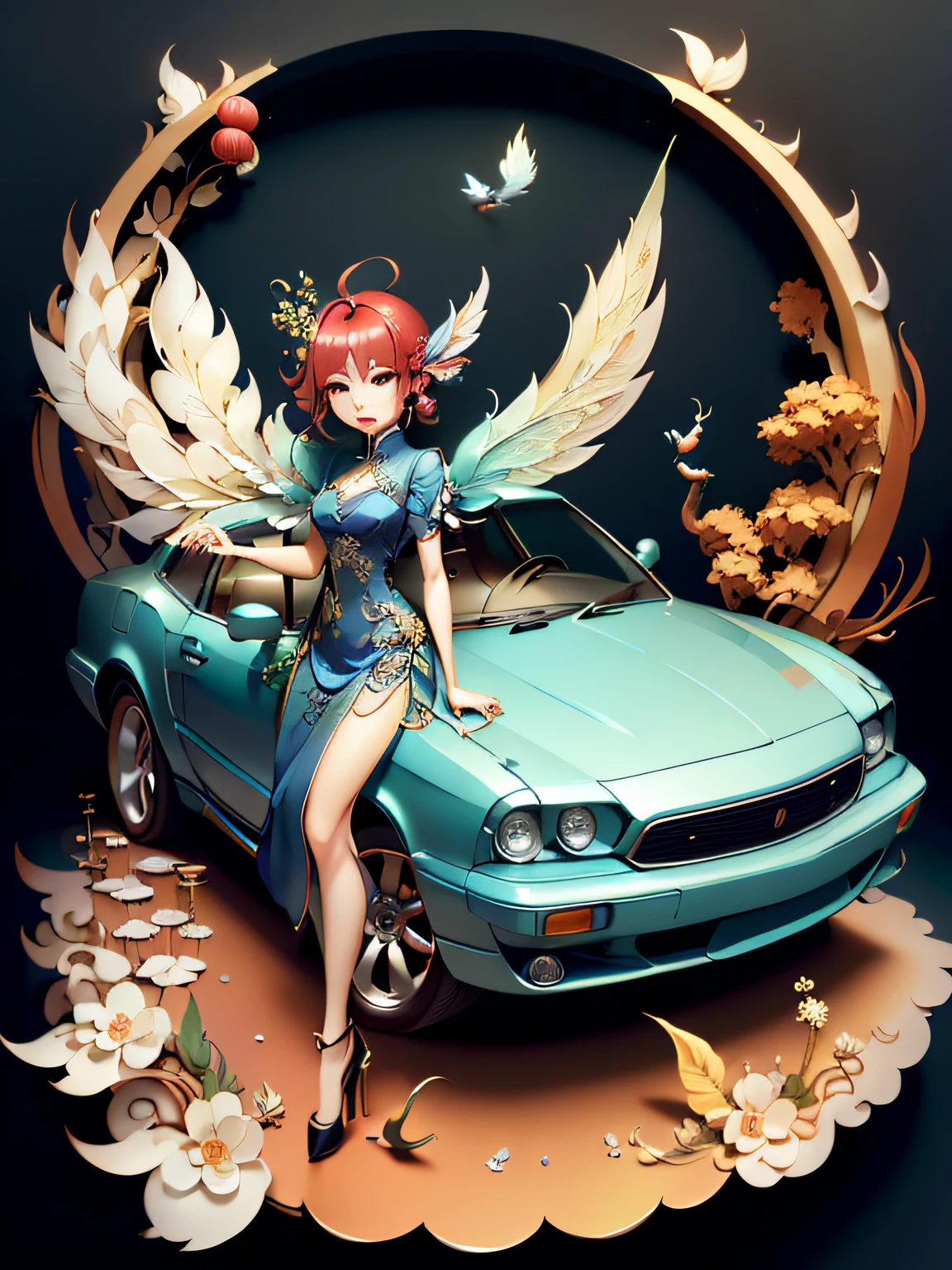 tmasterpiece,best qualityer,A piece of paper drawing,Beautiful Chinese fairy with a car,