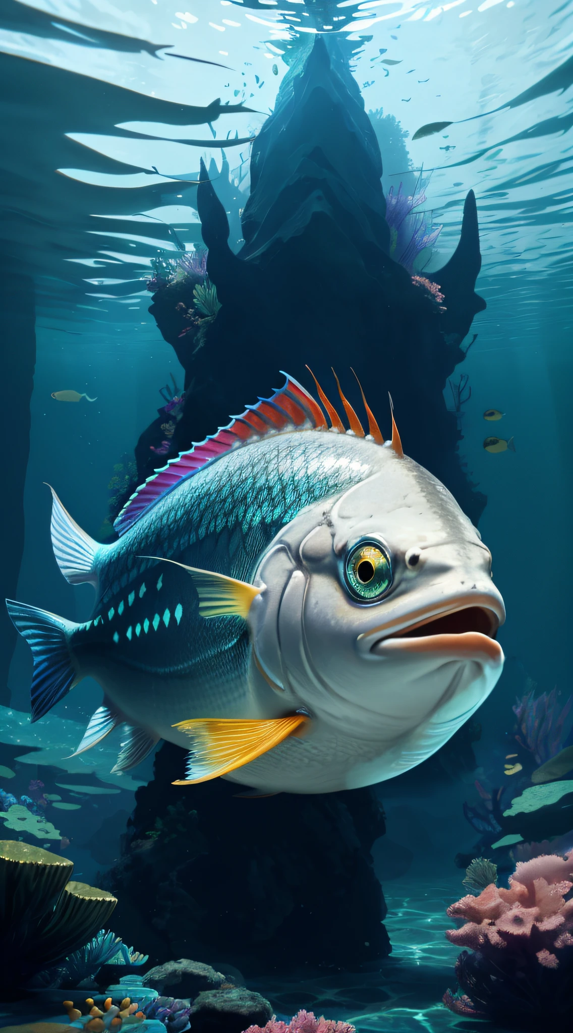 there is a fish that is swimming in the water, 3 d epic illustrations, scary fish, exotic fish, ultra realistic 3d illustration, colorful fish, fish in the background, deep sea fish, 4k highly detailed digital art, digital painting highly detailed, beautiful digital artwork, closeup cinematic aquatic scene, highly detailed digital painting, stunning digital illustration, 3 d cg