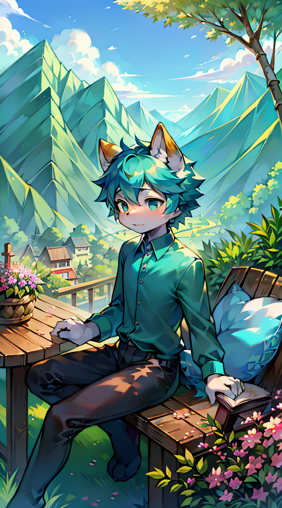 eine Katze,Turquoise shirt,Carrying a bamboo basket,On the grass,Mountains,herbs,Shota,adolable,basket,Herbs in the hand,eye glass,blossoms,Sit on grass,hillside,Picking herbs,suns,nerds,having fun,herbs,Turn your head and look,solo person,The opened book is placed aside,Basket