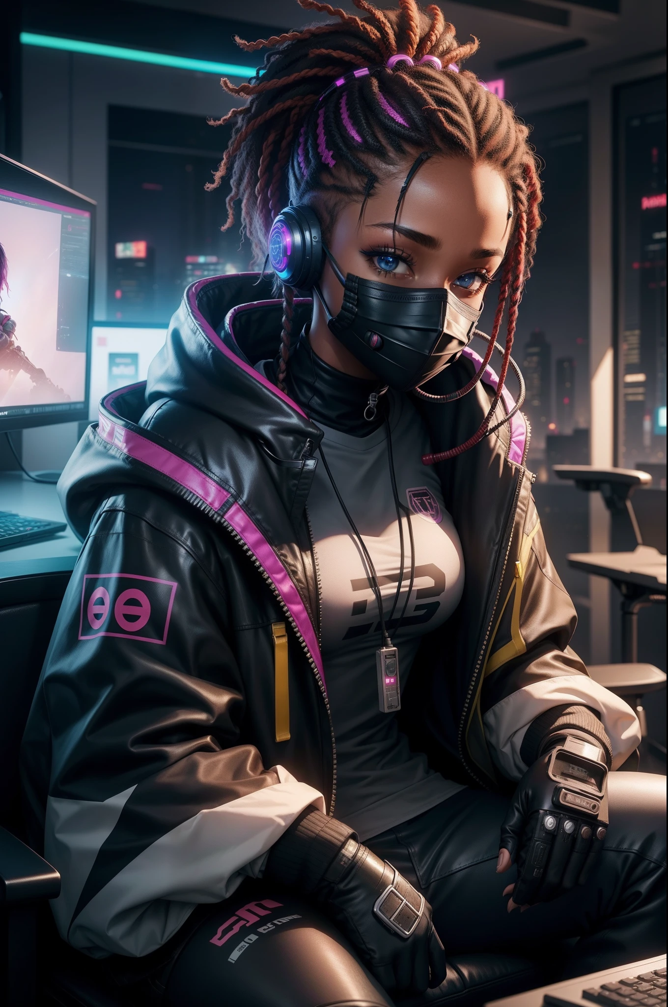 a young black girl with mask sitting in a gaming setup, cyberpunk, highly detailed, high resolution