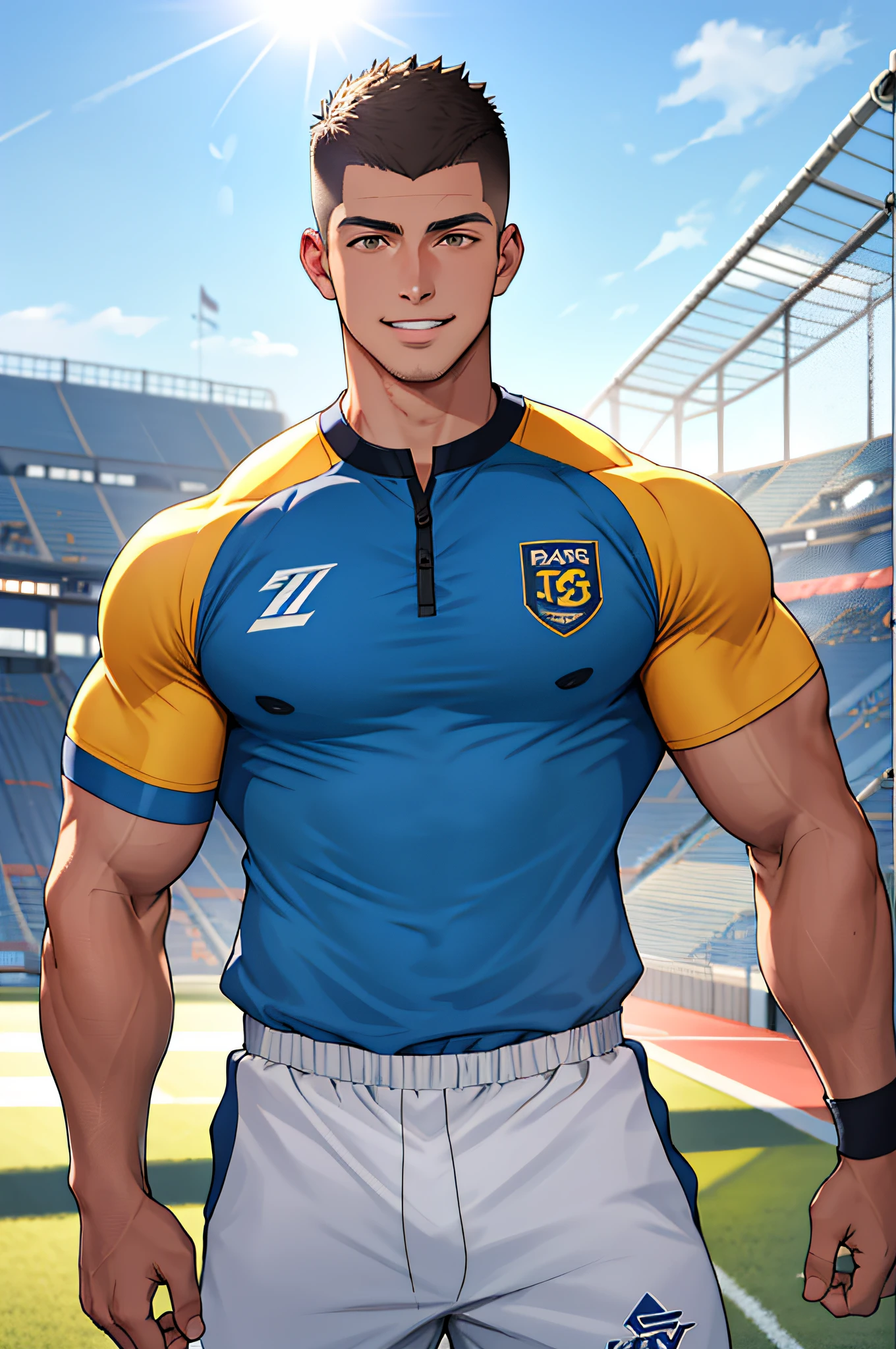 Draw a full-fledged athlete,Stand on the central field of the gym,He wears high-end sportswear,The man looks confident and determined,rays of sunshine,cheerful big breasts,Handsome,Crew cut,full bodyesbian,shooting from below,
