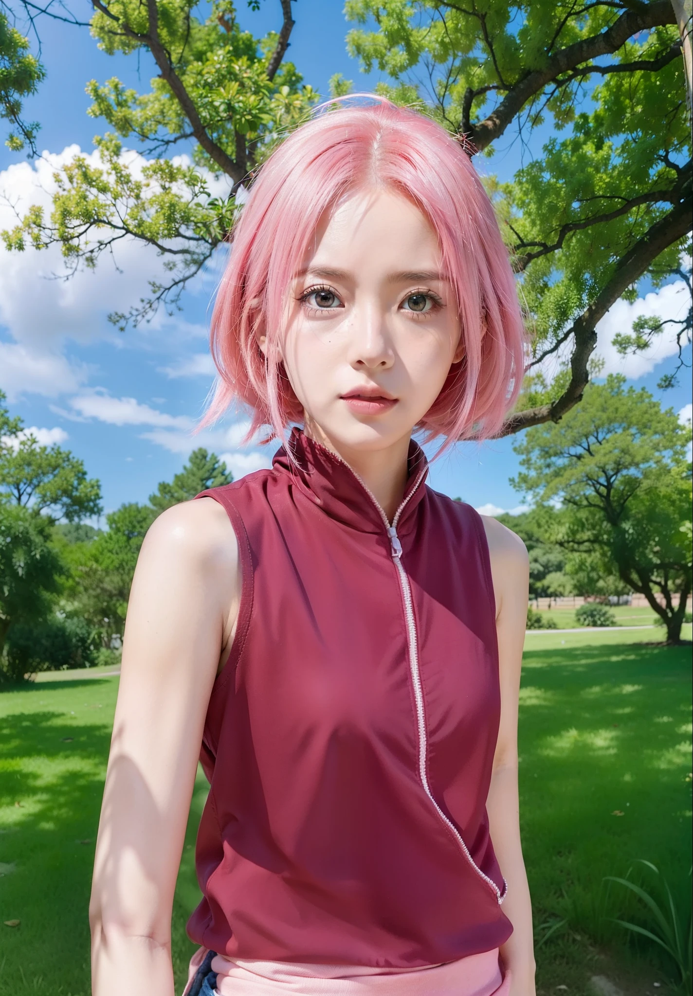 Real life adaption of this character,her name is sakura haruno from anime boruto,(korean teen beauty face),realistic detailed Messy pink hair style,(red bandana) ,realistic detailed eyes,Realistic outfit,hyper realistic,(photorealistic:1.2),realistic shadow,realistic light,realistic background,realistic skin