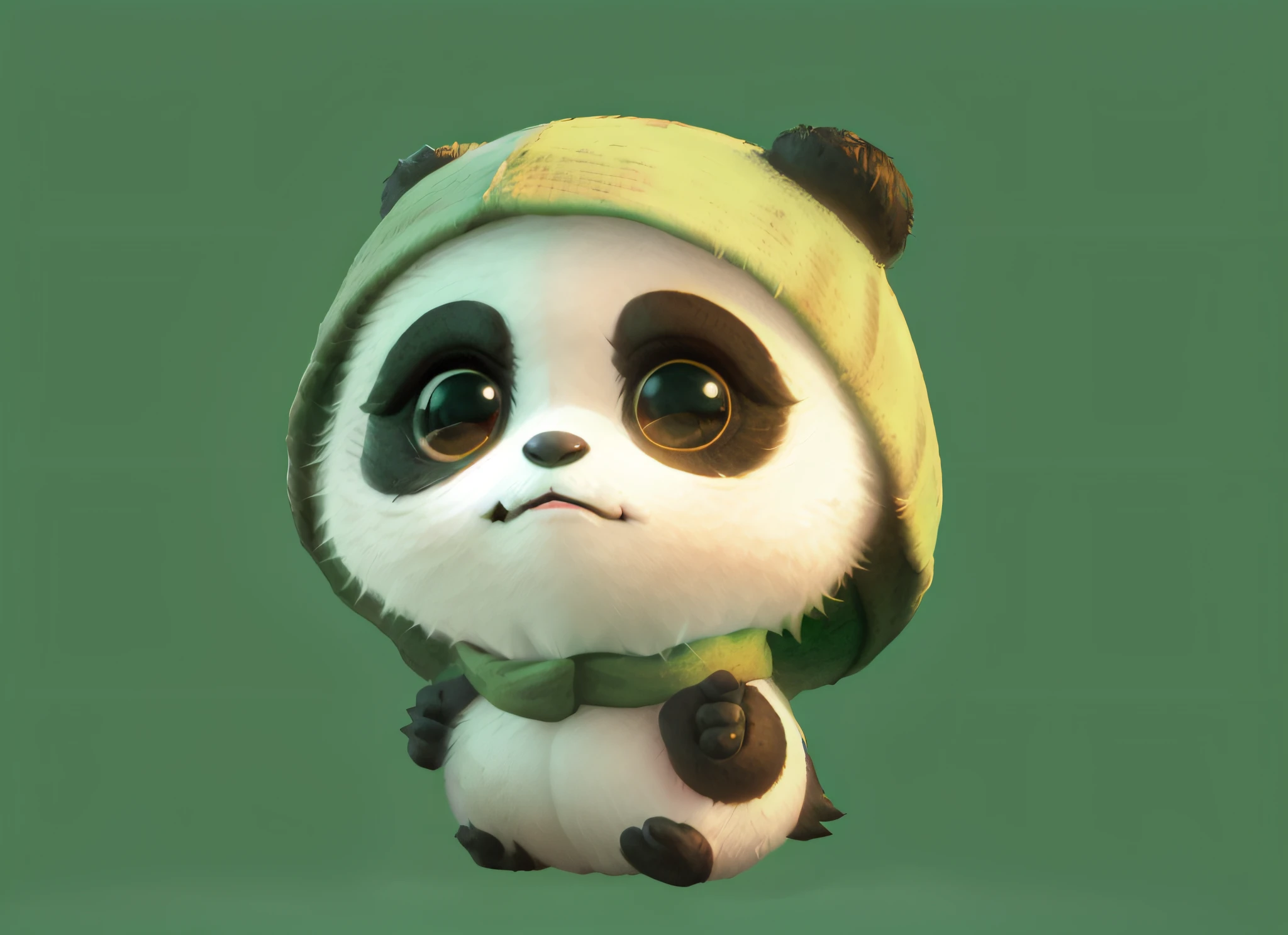 Panda wearing green hat and scarf sitting on a green surface, Cute panda, cute 3 d render, Cute cartoon character, panda panda panda, Panda, lovely digital painting, cute character, Cute! C4D, Cute cartoon, cute animal, tian zi, a cute giant panda, cute cute, adorable digital art, Adorable, inspired by Luo Ping