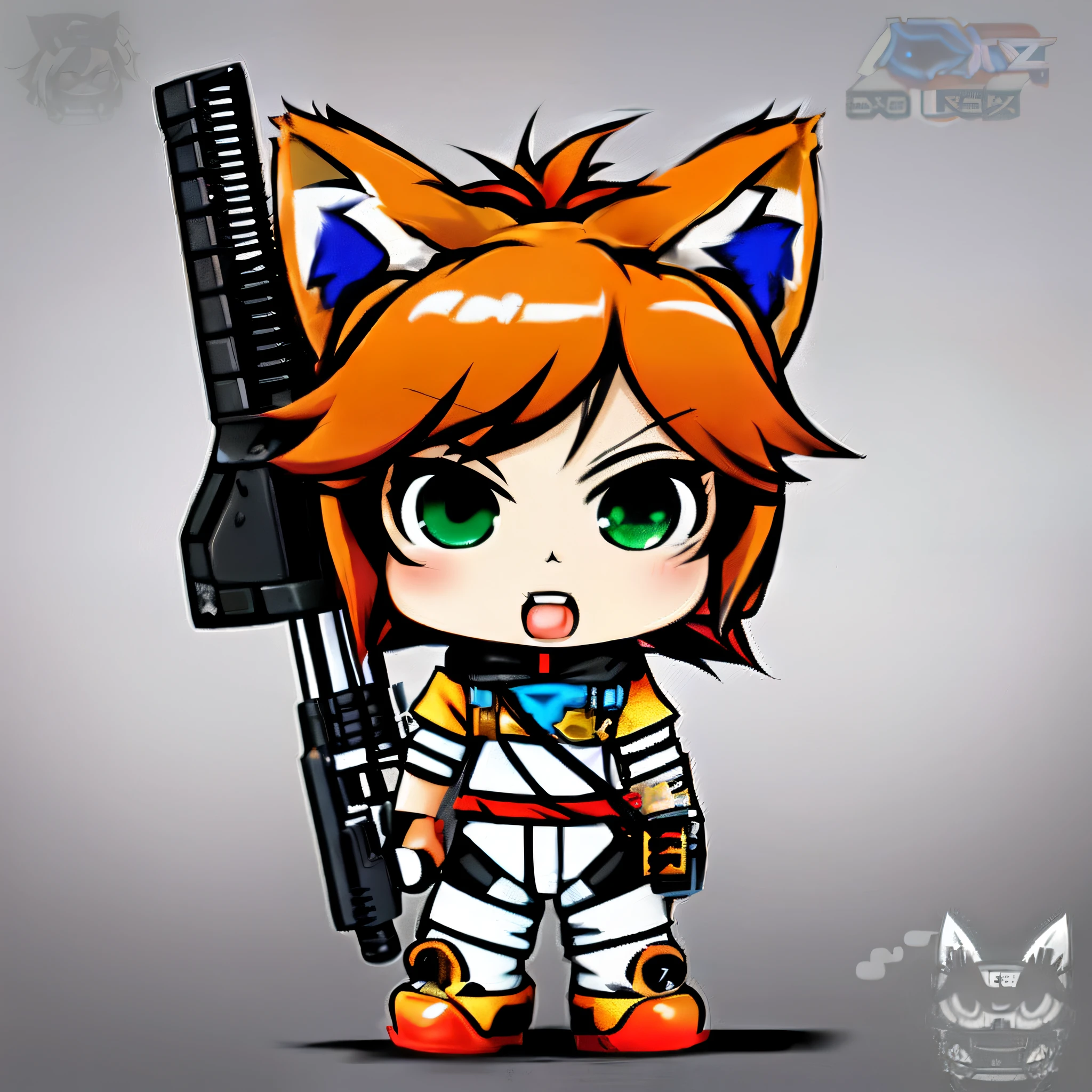 Cartoon character of a girl with a gun and cat ears, fox from league of legends chibi, Advanced Digital Chibi Art, foxgirl, katana zero video game character, Fox MacLeod, fox nobushi, maple story gun girl, Chibi Art, 8 0 s anime art style, video game characters designs, cute fumo plush fox girl