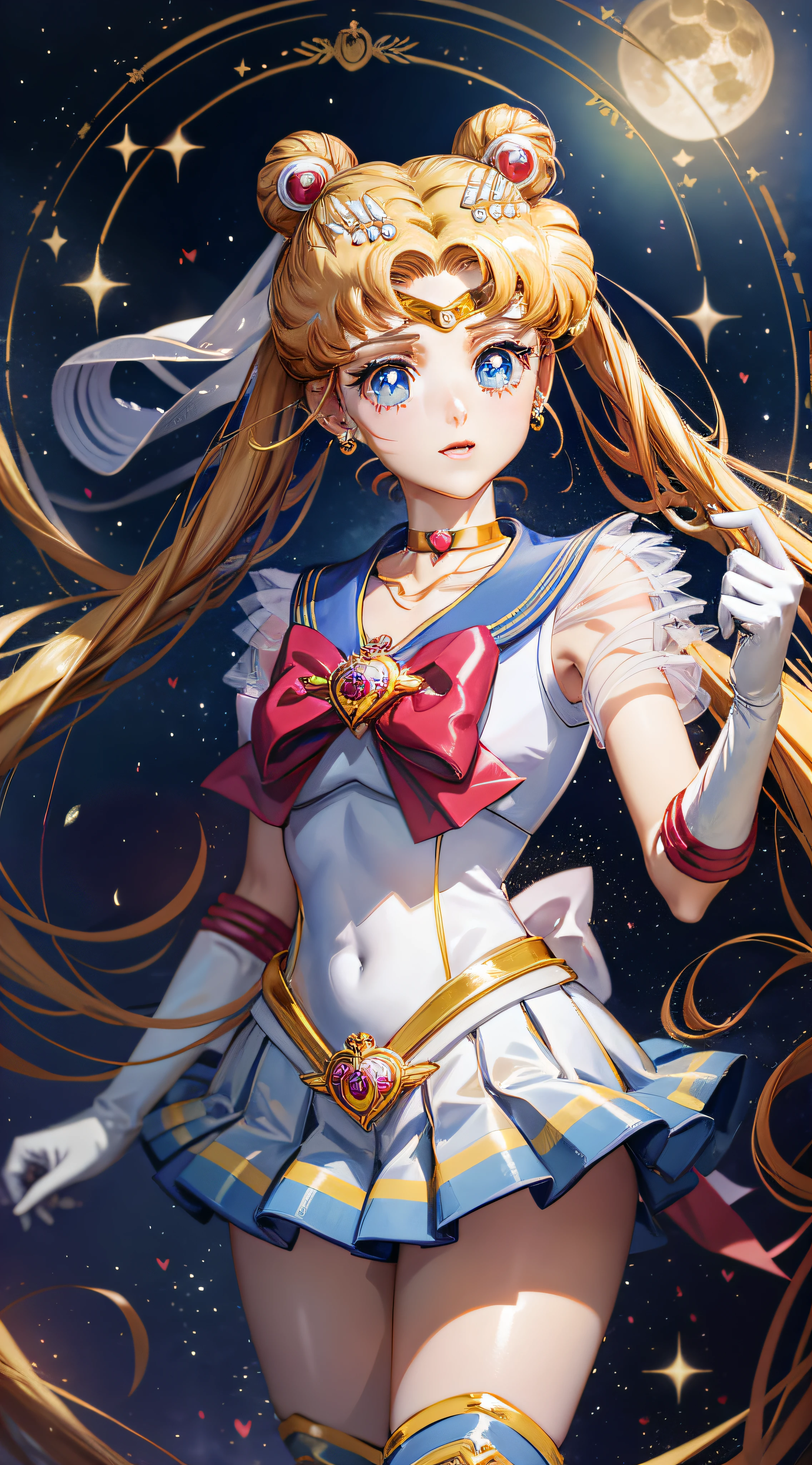 Masterpiece, best quality, (1 girl), super sailor moon, cowboy lens, night sky, moonlight, night, white gloves, blue eyes, galaxy background, multicolored clothes, school uniform, blue skirt, hair ornament, red bow, brooch, heart brooch, earrings, crescent, heart necklace, heart, very long hair, crescent moon earrings, tiara, yellow necklace, boots, knee boots,  red shoes, long legs