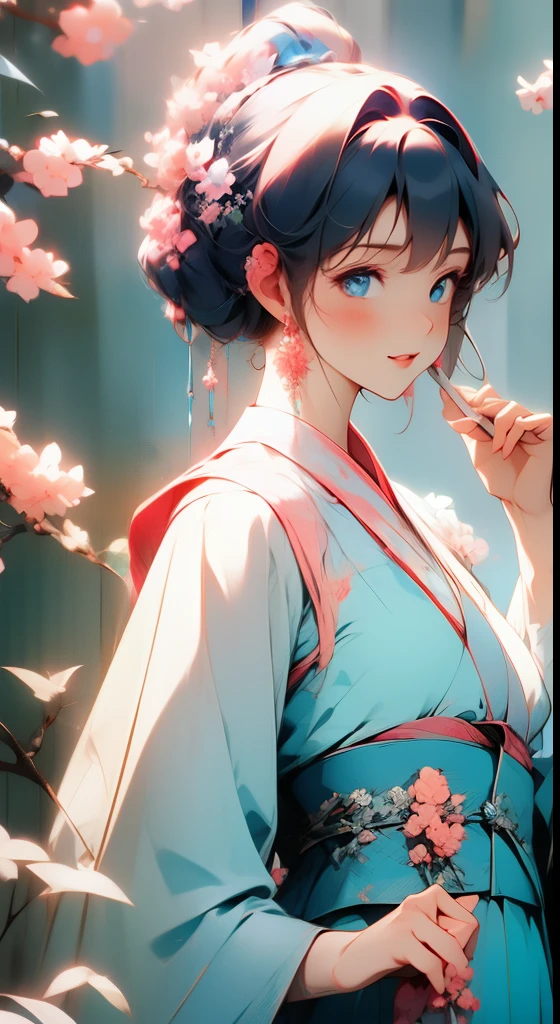 beautiful chinese girl, Riding a horse,upper body, Tang Dynasty, ancient style, pale skin, detailedhair, detailed eyes, beautiful, retro, transparentcolor Soft light, pastel colors, soft contours, With a headdress,bigeyes, smiling, flowers and leaves in the background,aninme, illustration, bestquality,8k, ultra detailed,Blue light pink, light cyan, yellow