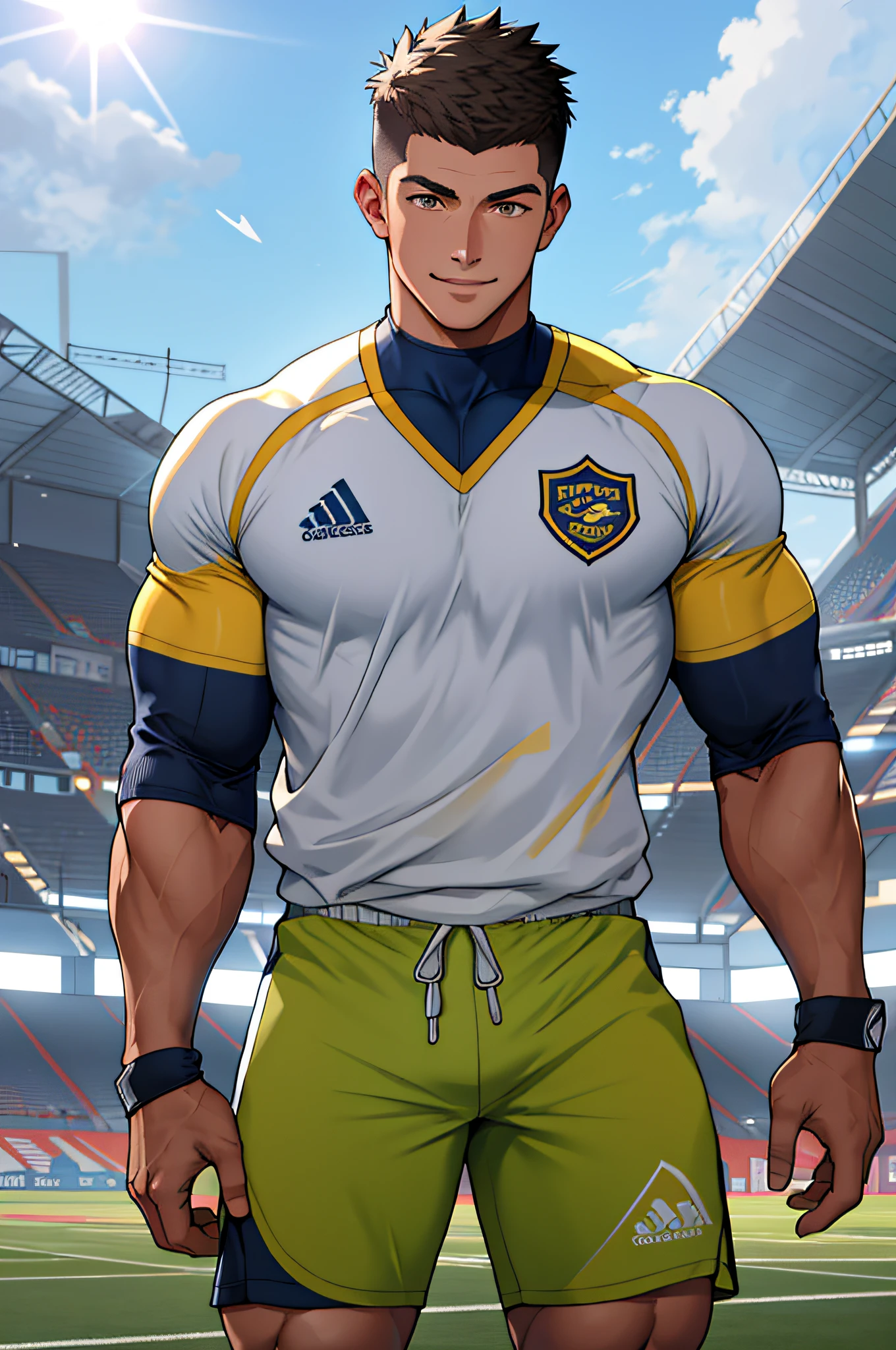 Draw a full-fledged athlete,Stand on the central field of the gym,He wears high-end sportswear,The man looks confident and determined,rays of sunshine,cheerful big breasts,Handsome,Crew cut,full bodyesbian,shooting from below,