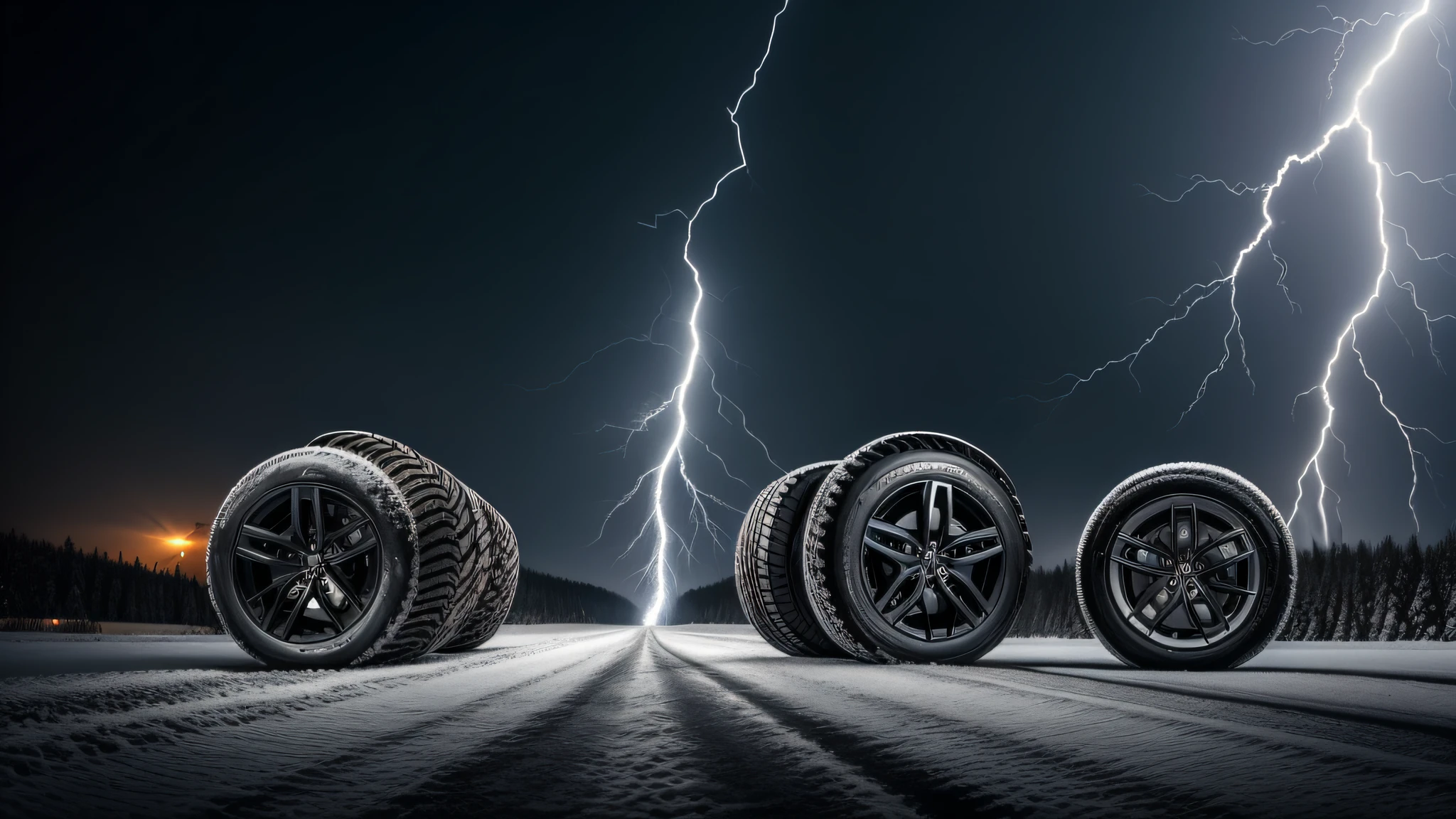 Two winter wheels facing each other, on the left with spikes, on the right without spikes. Wheels collide against the background of a winter road and lightning. There is a war between the wheels.