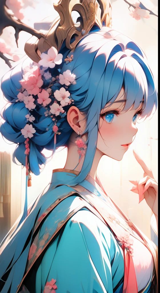 beautiful chinese girl, Riding a horse,upper body, Tang Dynasty, ancient style, pale skin, detailedhair, detailed eyes, beautiful, retro, transparentcolor Soft light, pastel colors, soft contours, With a headdress,bigeyes, smiling, flowers and leaves in the background,aninme, illustration, bestquality,8k, ultra detailed,Blue light pink, light cyan, yellow