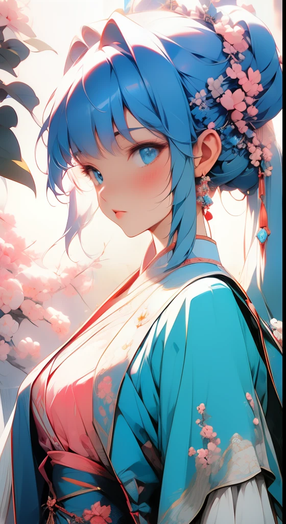 beautiful chinese girl, Riding a horse,upper body, Tang Dynasty, ancient style, pale skin, detailedhair, detailed eyes, beautiful, retro, transparentcolor Soft light, pastel colors, soft contours, With a headdress,bigeyes, smiling, flowers and leaves in the background,aninme, illustration, bestquality,8k, ultra detailed,Blue light pink, light cyan, yellow