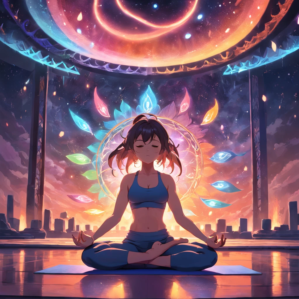 Yoga positions the spectrum with the seven chakras around, vivd colour
