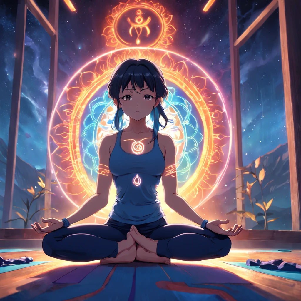 Yoga positions the spectrum with the seven chakras around, vivd colour