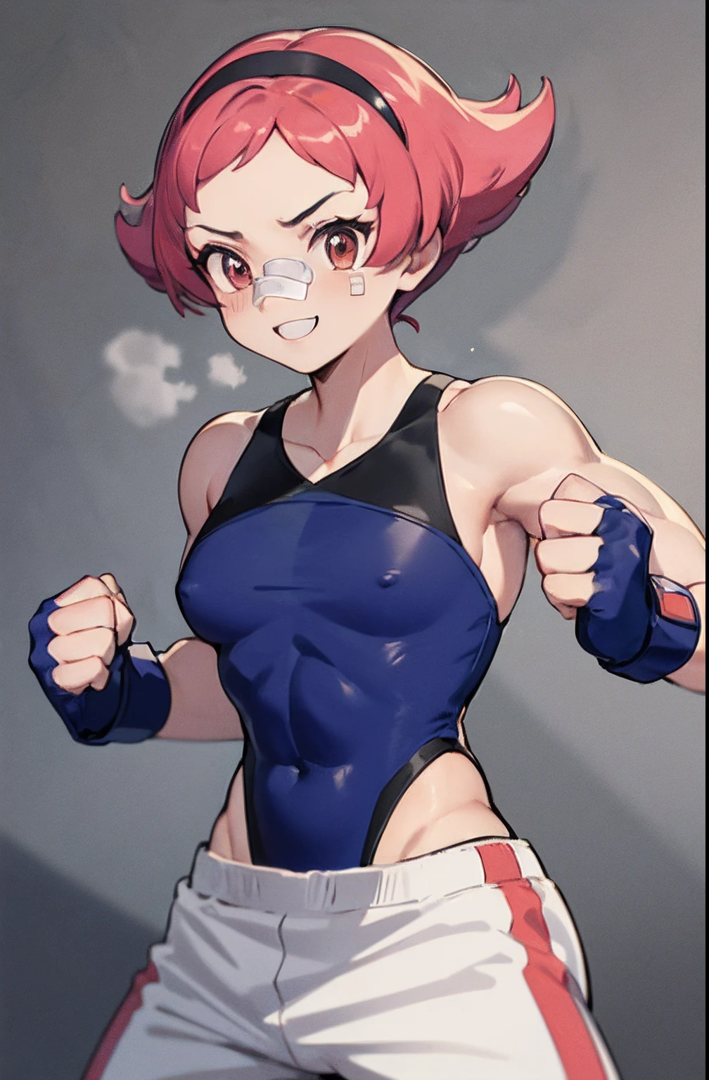 (masterpiece,best quality, detailed), maylene, blue tank top, white pants, band-aid on nose, fingerless gloves, fists, upper body, furrowed brow, fighting stance, looking at viewer, smile, gymnasium bow hairband, tied shirt, print shirt, black bodysuit, bodysuit under clothes, print shorts, knee pads,  she confidently flexes her muscles, radiating power and determination. Her physique is truly remarkable, featuring bulging muscles that ripple with power. Her arms are adorned with immense biceps and sculpted triceps, each muscle fiber defined and purposeful. Her chiseled six-pack abs proudly showcase her dedication to physical fitness,