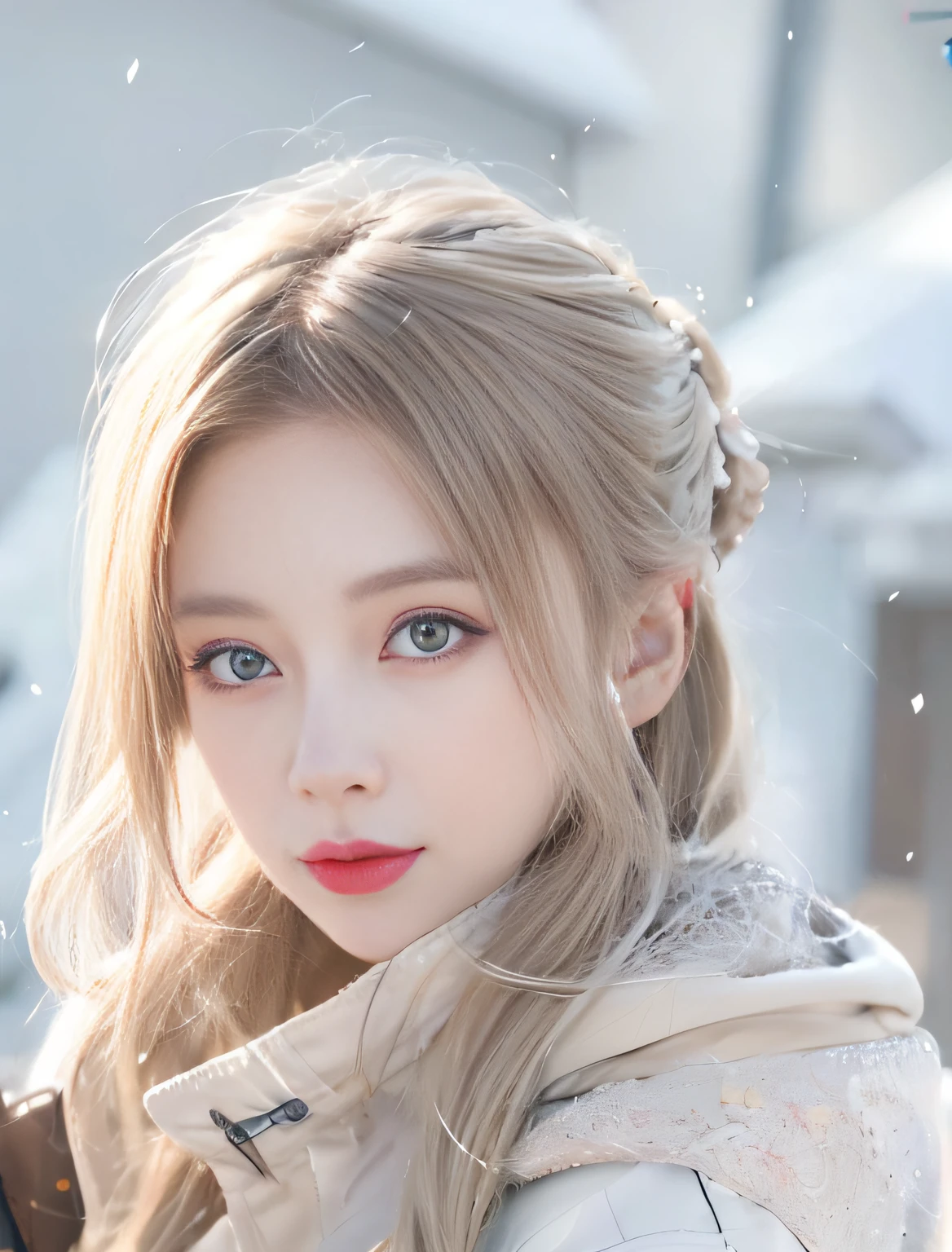 Alfed woman with long blonde hair and white jacket, a beautiful anime portrait, Guviz-style artwork, Kawaii realistic portrait, Stunning anime face portrait, Realistic. Cheng Yi, realistic anime artstyle, cute portrait, Cute natural anime face, author:FAN Qi, Realistic cute girl painting, Beautiful digital artwork, beautiful digital painting, Guviz