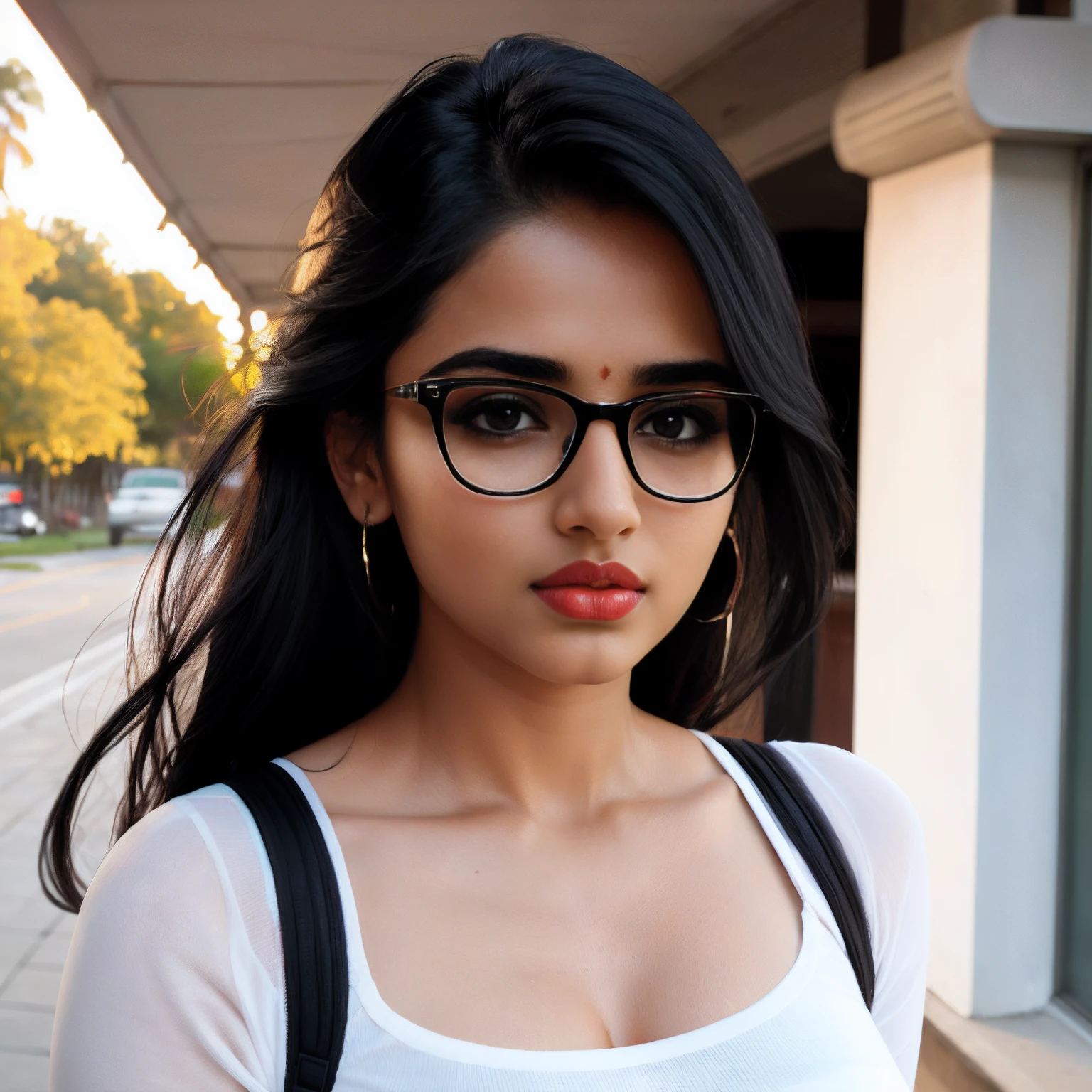 ((beautiful)+(attractive:0.9)+(sensual:0.8)) white indian women ((nerd:0.8)+(lovely)+(clean skin)) with hazel eyes and red lips. Medium dark black hair, ((intense eyes)), with picturesque back ground, facing the camera, slr camera picture, 8k, ultra realistic image
