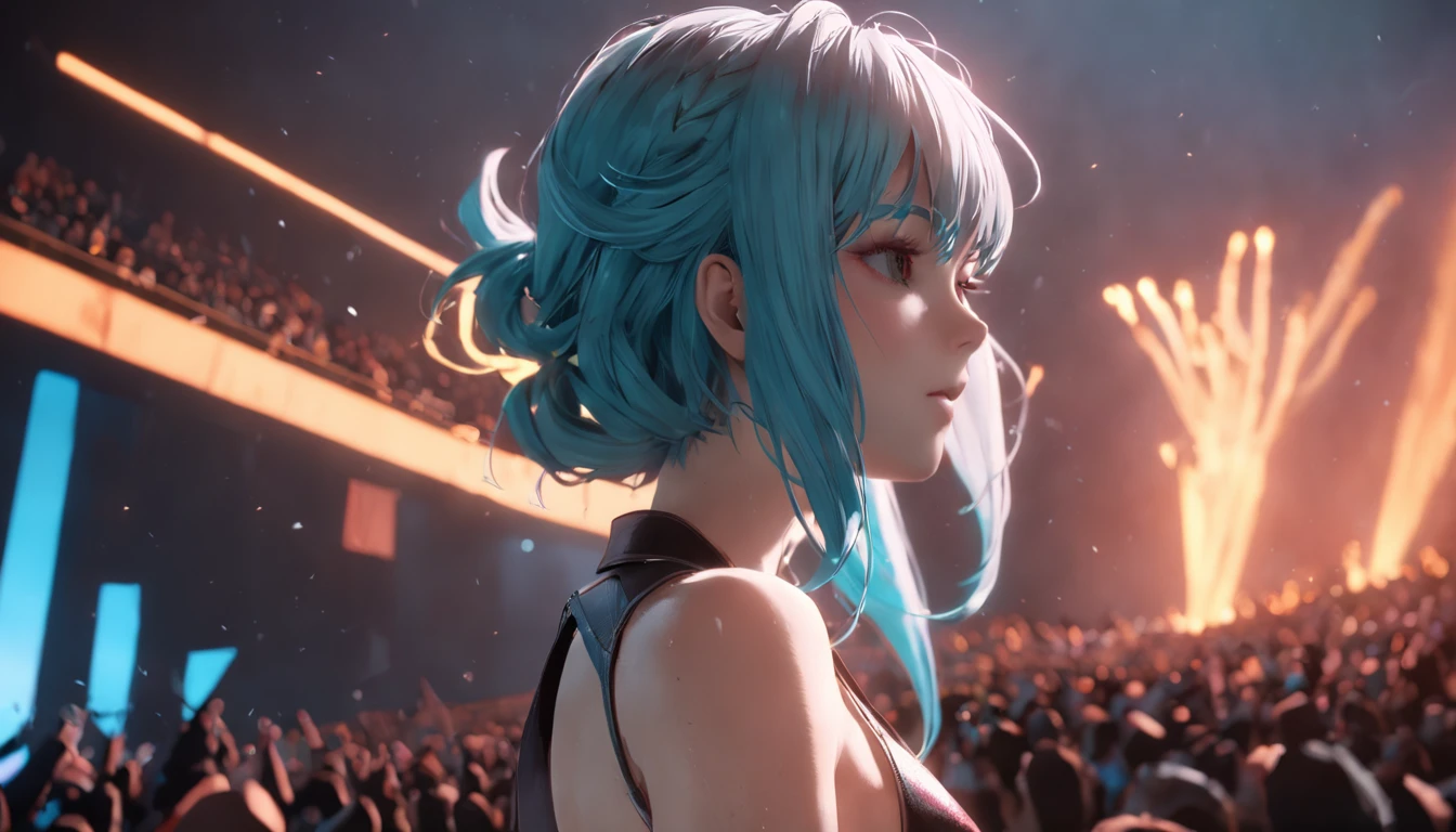 1girl, (Ember McLain), Rockstar, aqua skin, on rock concert, masterpiece, best quality, hyperrealistic, extremely detailed, highly quality, 4k, sharp focus, professional photograph, sharp focus, award winning, cinematic lighting, octane render, unreal engine, volumetrics dtx, Wallpaper,