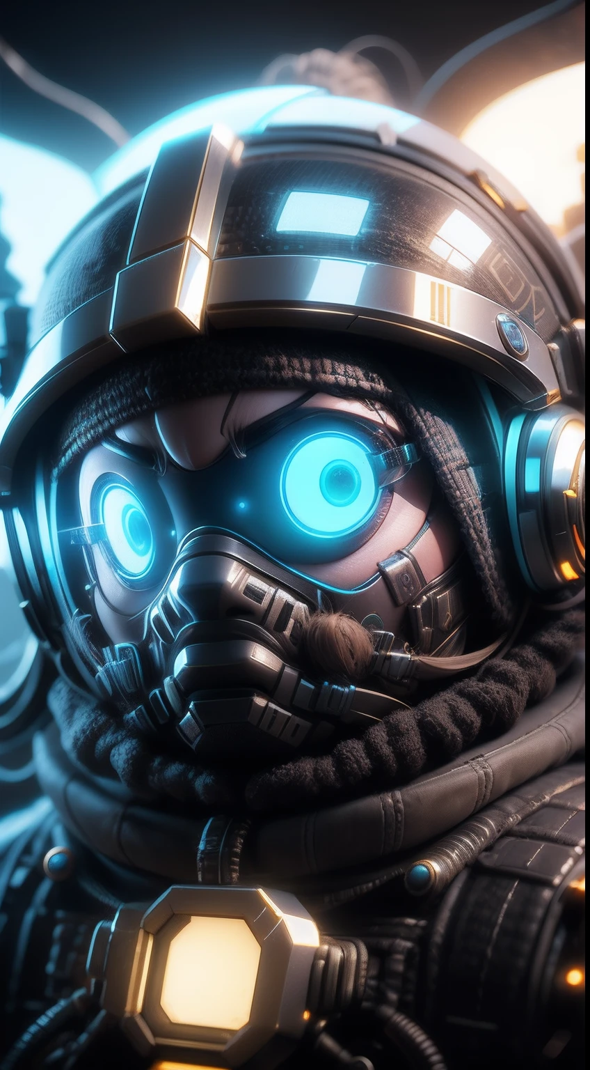 Hyperrealistic, illusory engine, 。.3D, Cyberpunk meta-dwarf wearing high-tech VR goggles, Cybernetic beard. Holding a sci-fi gold mine pickaxe, In the holographic hyperspace metaverse 50mm ,Ray tracing,
