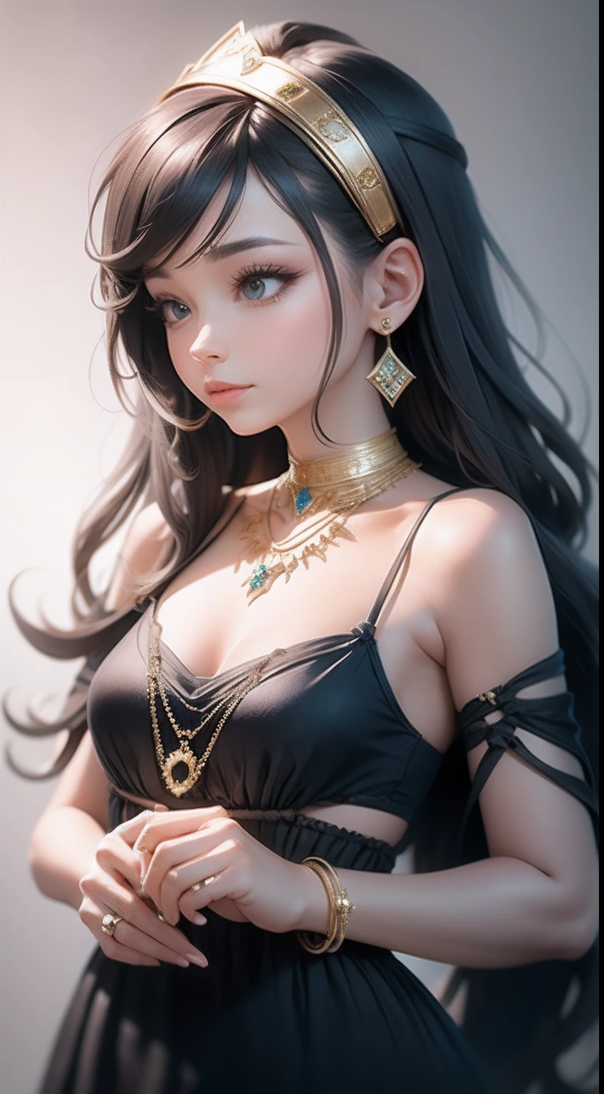 Best quality, masterpiece, ultra high res, (photorealistic:1.4), raw photo, 1girl, Arabian girl, in the dark, deep shadow, low key, cold light, teasing smile, Necklaces, Bracelets, Hair Accessories, Earrings, Headbands, pub, bar, night, Dubai,