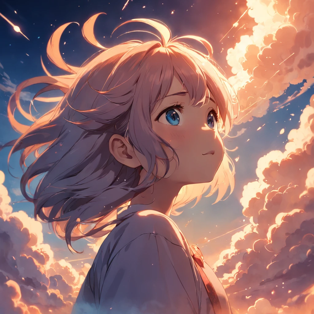 masterpiece, best quality, movie still, 1girl, cloud girl, floating in the sky, close-up, bright, happy, warm soft lighting, sunset, (sparks:0.7)