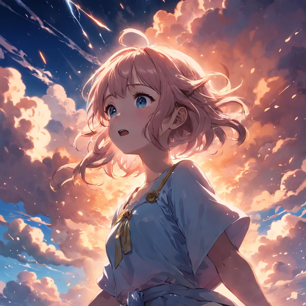 masterpiece, best quality, movie still, 1girl, cloud girl, floating in the sky, close-up, bright, happy, warm soft lighting, sunset, (sparks:0.7)