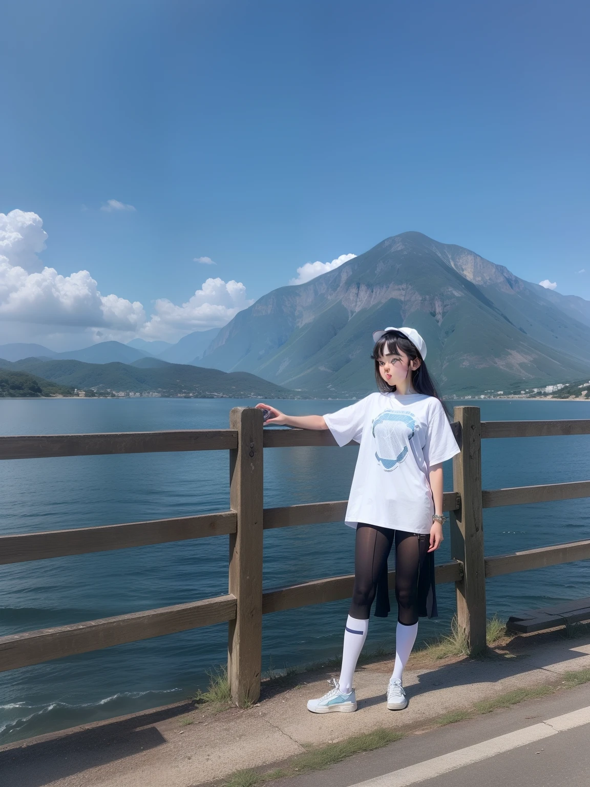 Very cute face、smile、15歳girl、Fluffy long hair、Beautiful legs、Beautiful body、Thin legs、White skin、Black T-shirt、Black mini skirt、白いパンティ少し見えている、sea
